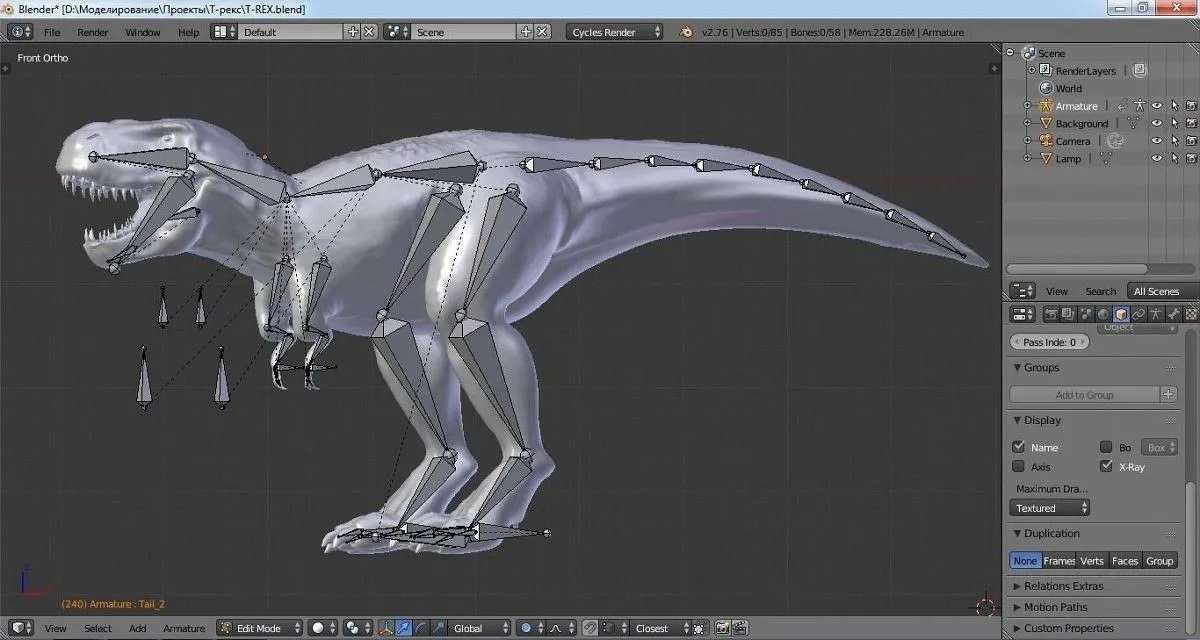 Mô hình khủng long T-Rex trong phần mềm Blender, minh họa khả năng render 3D mạnh mẽ của RTX 5090.