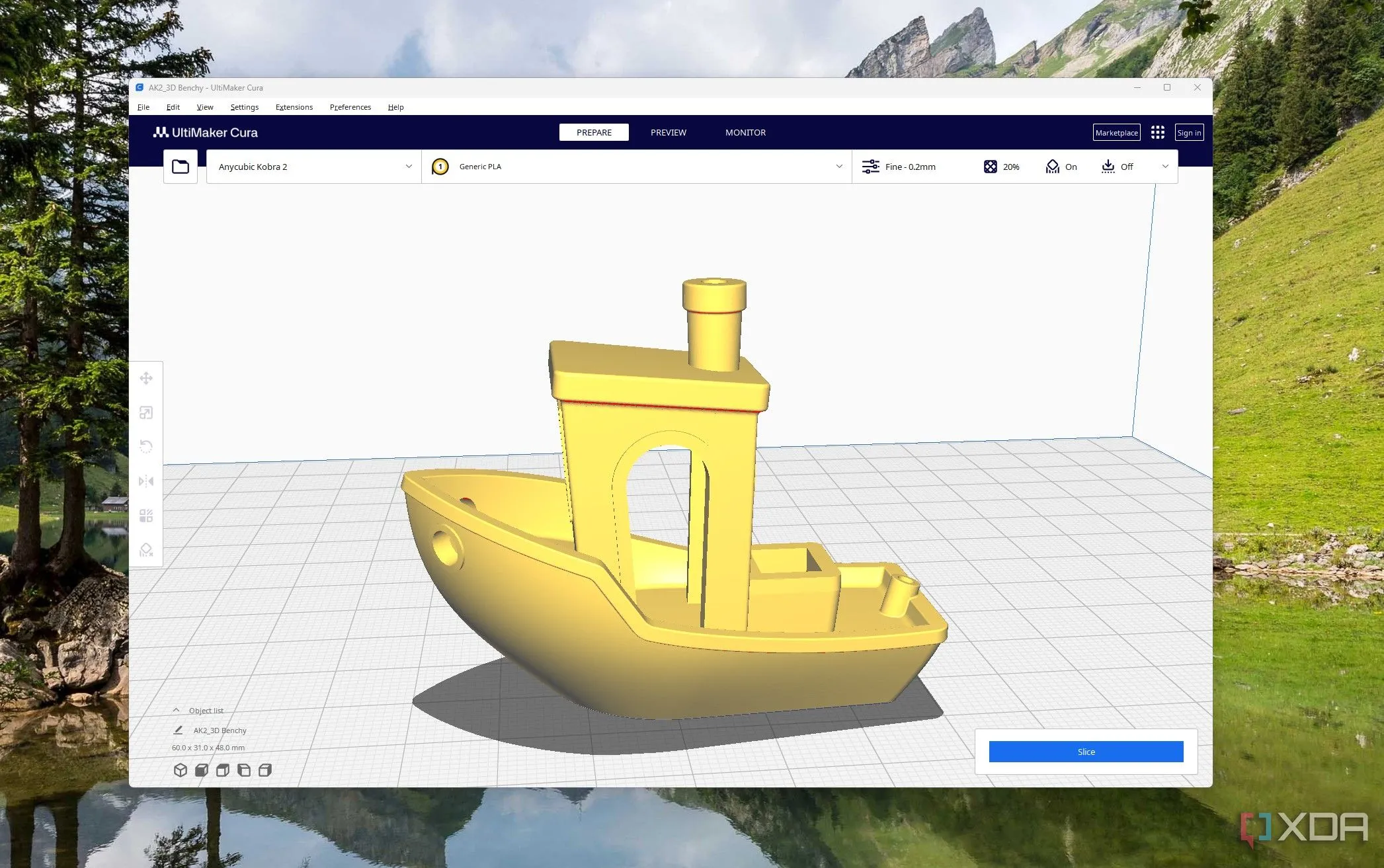 Mô hình thuyền Benchy được cắt lát trên phần mềm Cura