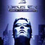 Mô tả hình ảnh nhân vật chính JC Denton từ Deus Ex, với bối cảnh tương lai cyberpunk và các yếu tố công nghệ tiên tiến