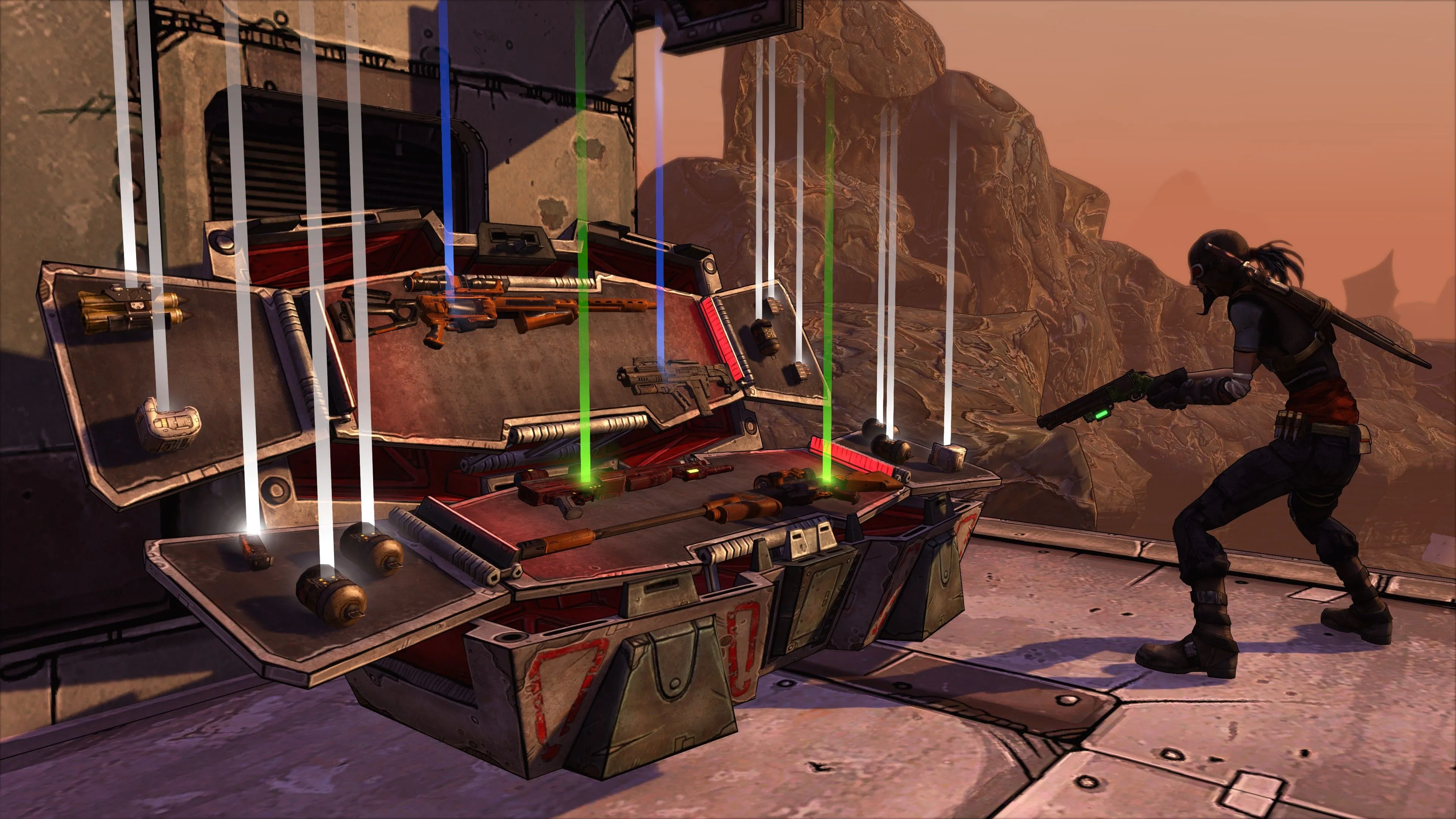 Mô tả hình ảnh rương đồ trong Borderlands, thể hiện cơ chế loot và bắn súng trong game chia màn hình.