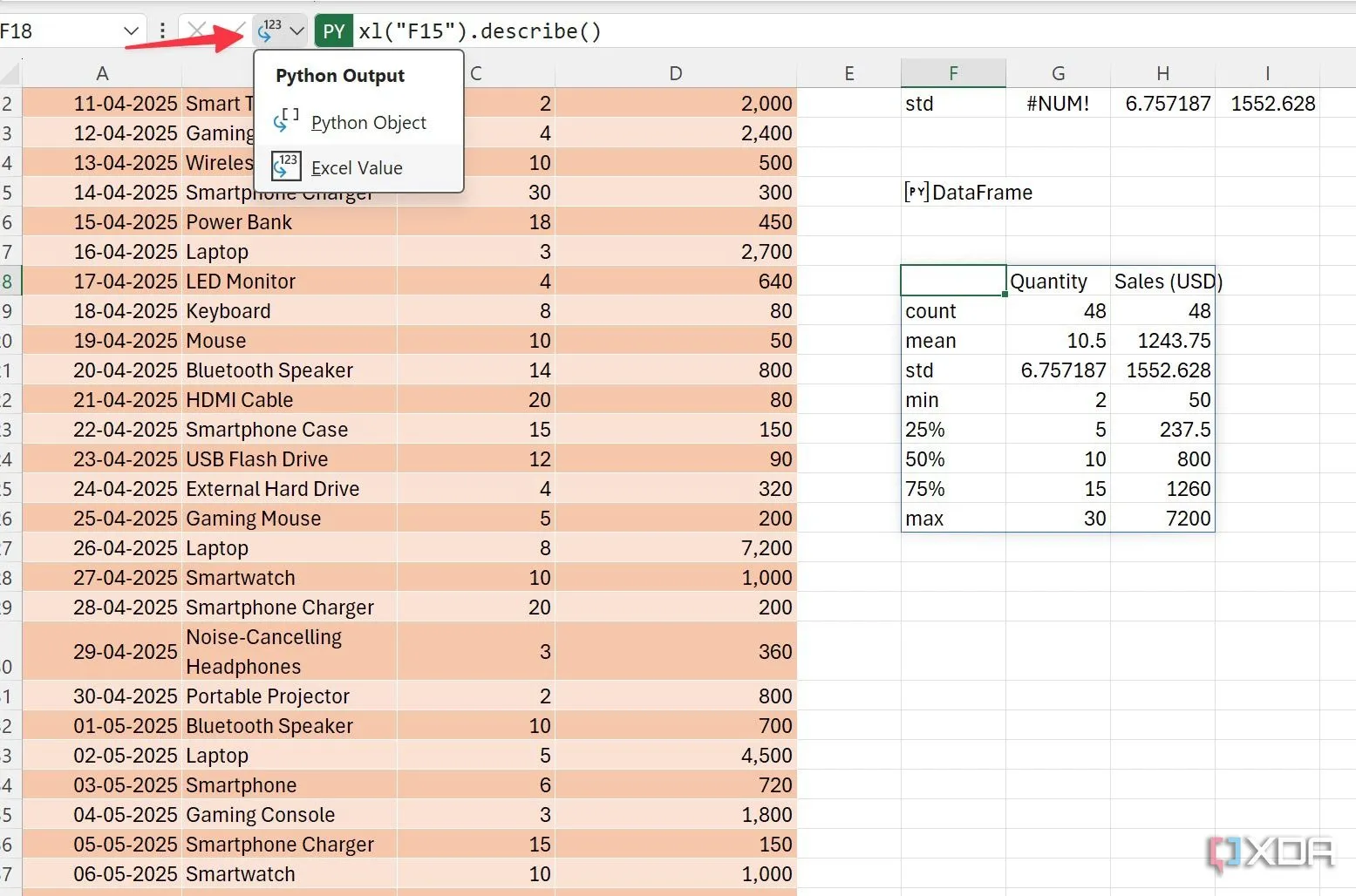 Mô tả thống kê của DataFrame bằng phương thức .describe() trong Python, hiển thị kết quả dưới dạng đối tượng Python với tùy chọn chuyển đổi sang giá trị Excel.