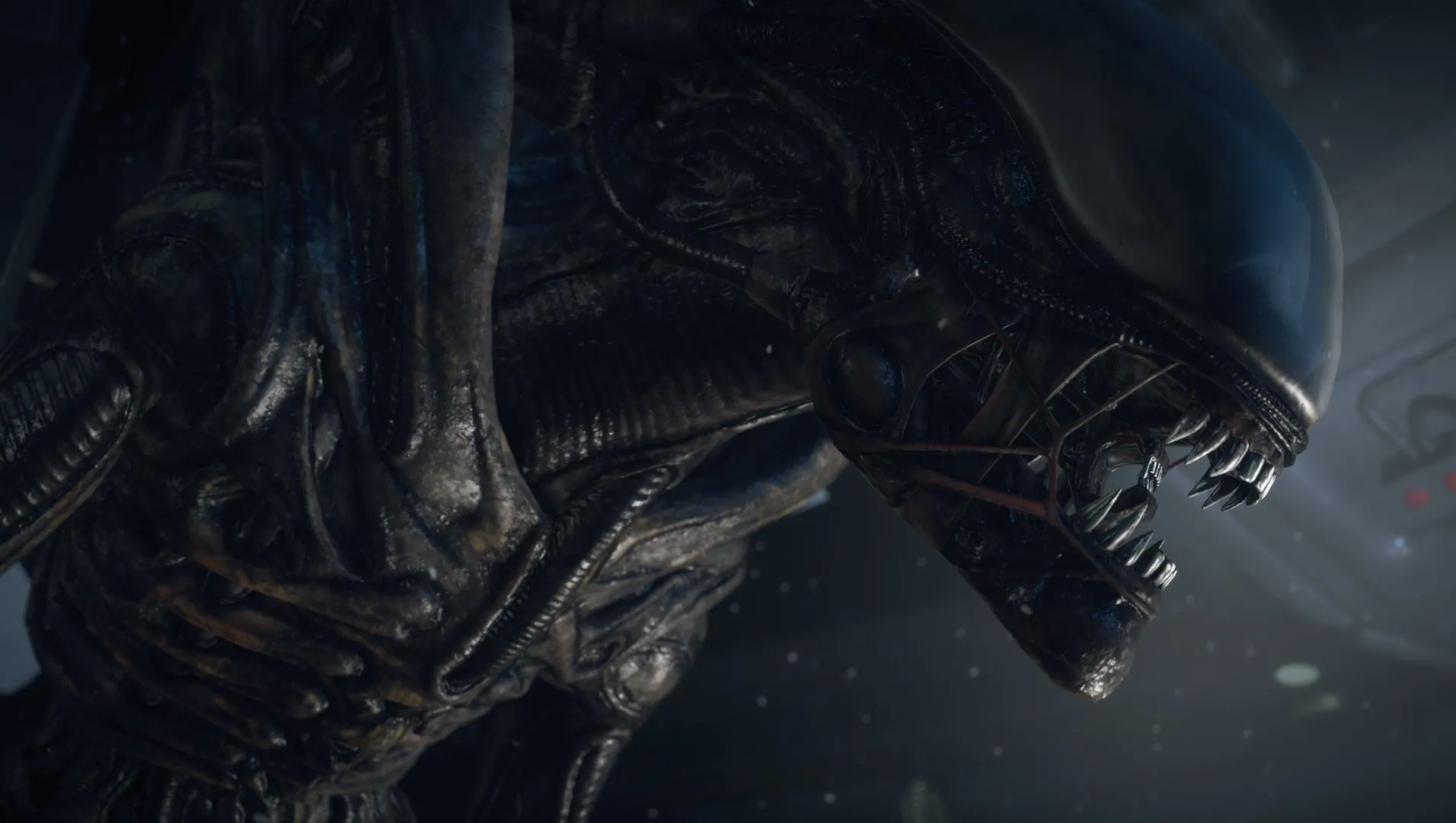 Một cảnh chụp từ game kinh dị Alien: Isolation, minh họa không khí căng thẳng và đáng sợ khi đối mặt với Xenomorph trong VR với mod MotherVR.