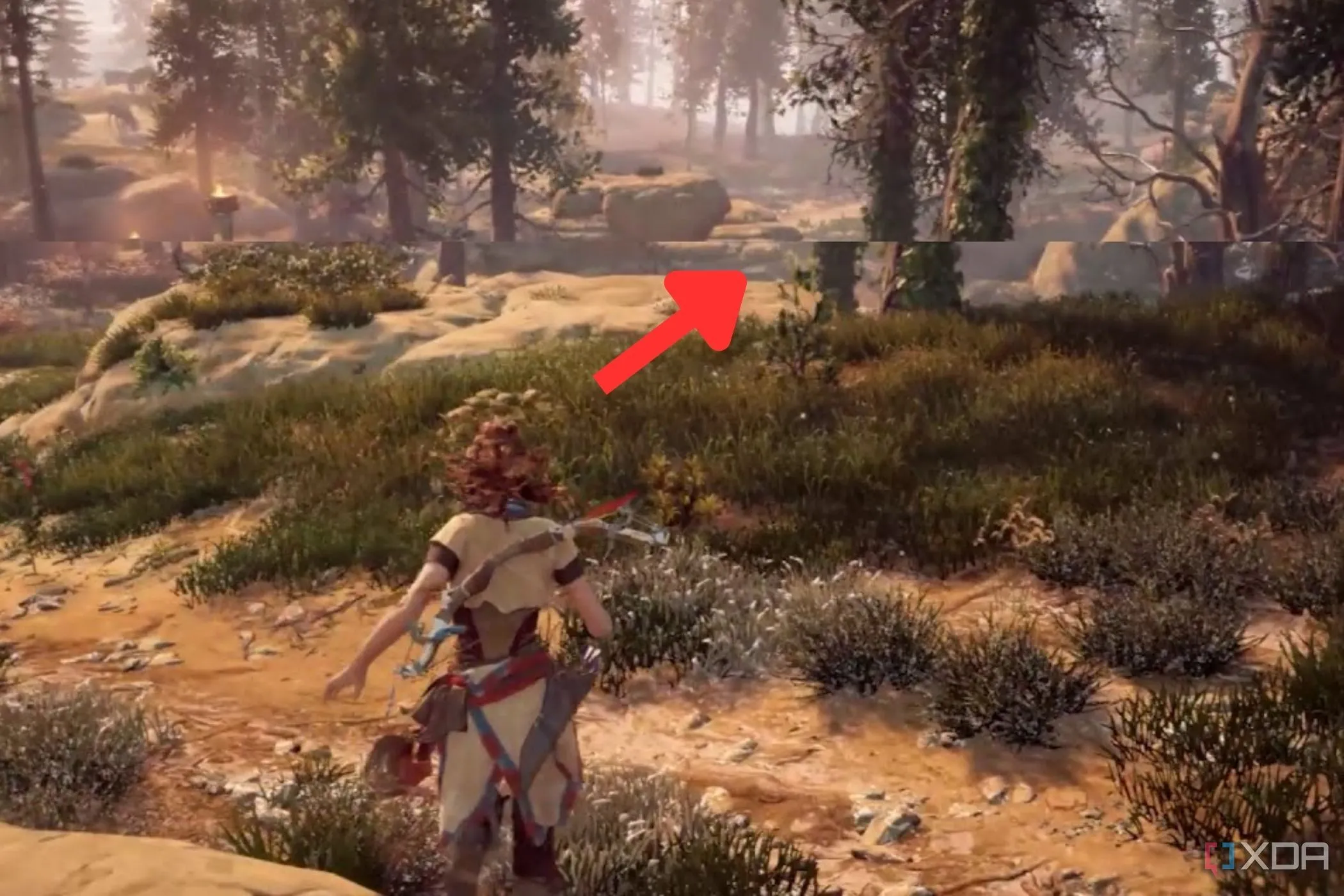 Một cảnh trong game Horizon Zero Dawn trên PC bị xé hình, minh họa vấn đề mà HDMI-VRR giải quyết