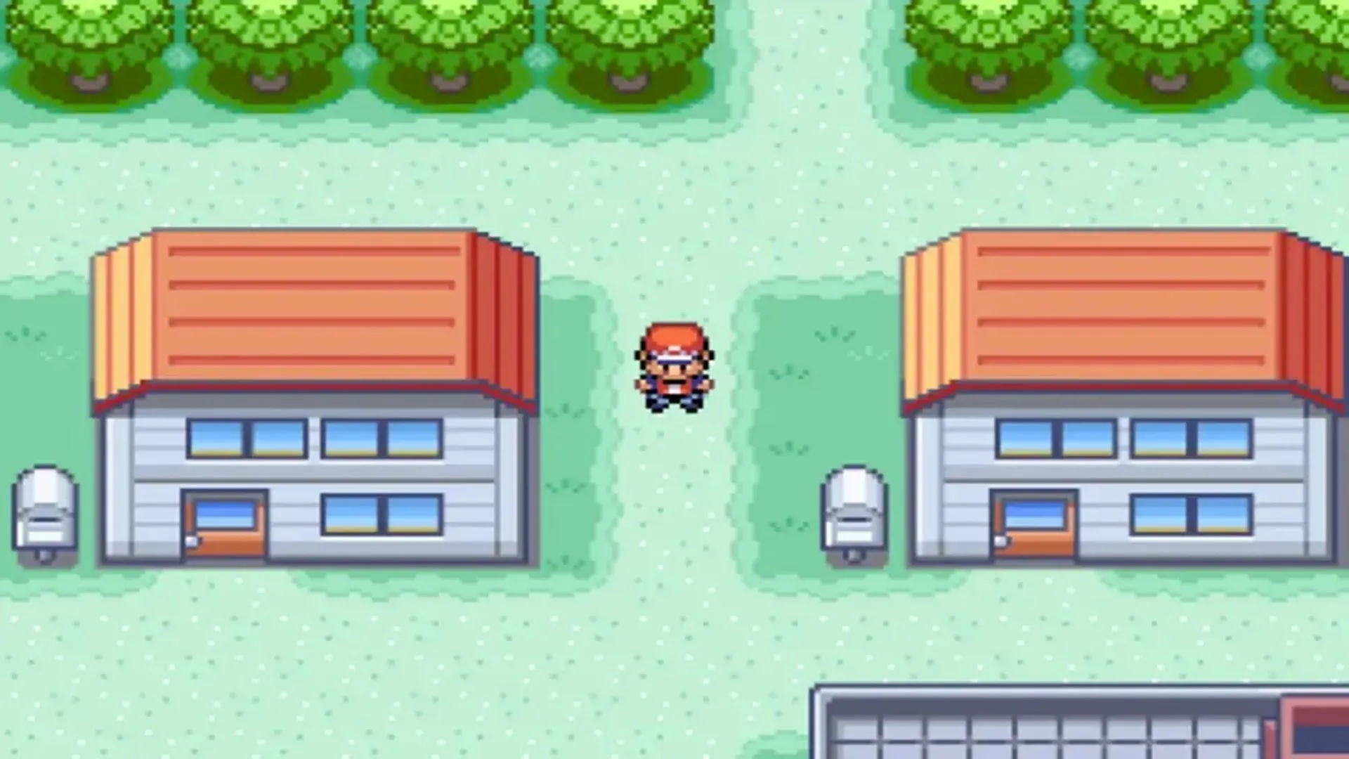 Một cảnh trong Pokémon FireRed, người chơi đang khám phá thị trấn.