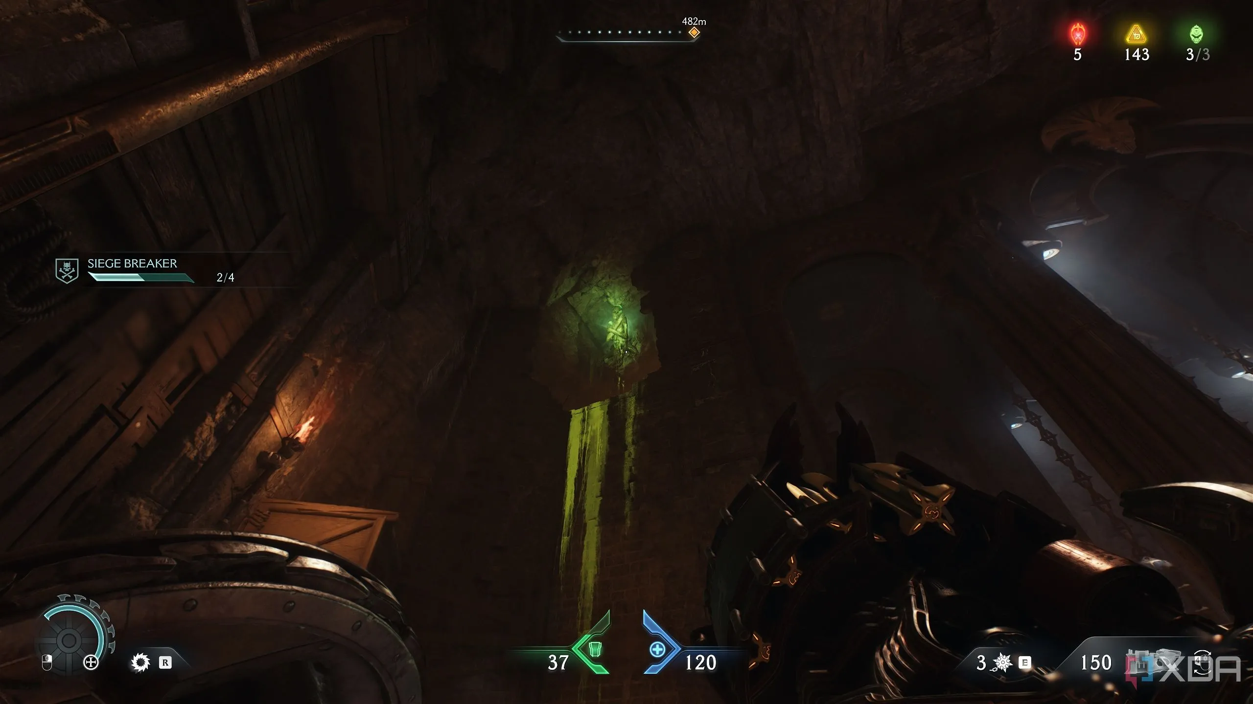 Một nút thịt xanh (green flesh node) trên trần nhà trong khu vực bí mật 5 của Doom The Dark Ages