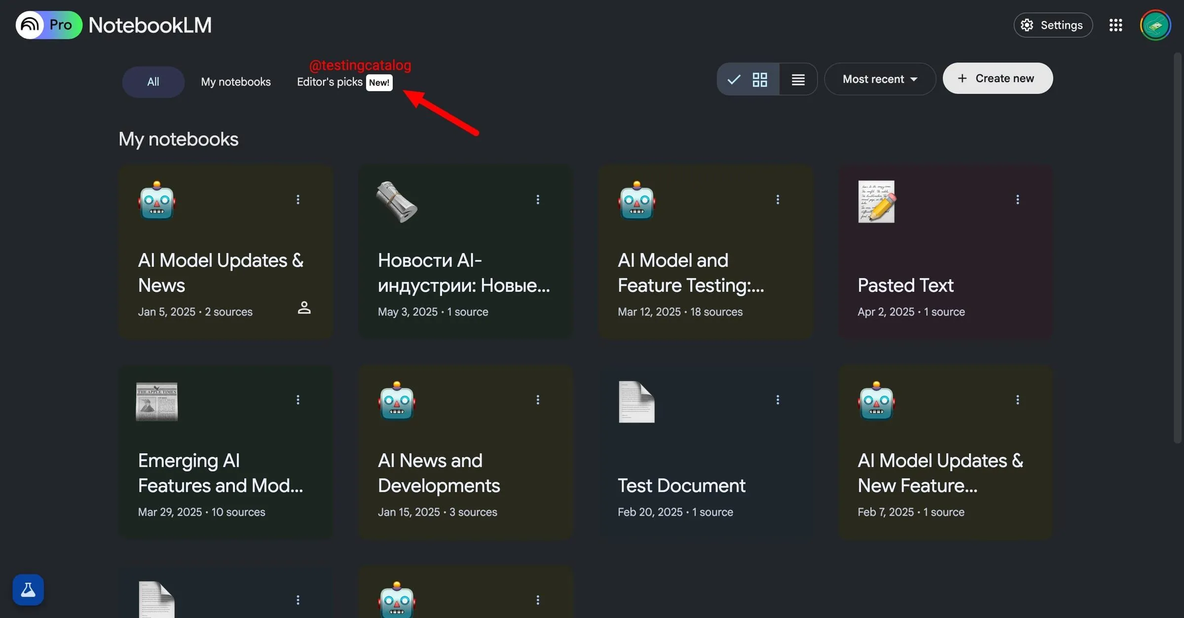 Mục Editor's Picks mới trên trang chủ NotebookLM
