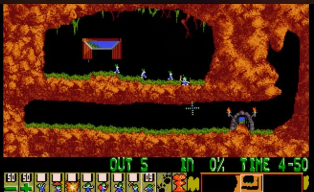 Người chơi điều khiển các Lemming đến lối thoát an toàn trong game giải đố Lemmings