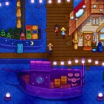 Người chơi Stardew Valley khám phá bến tàu vào ban đêm, tận hưởng không gian yên bình của game nông trại.