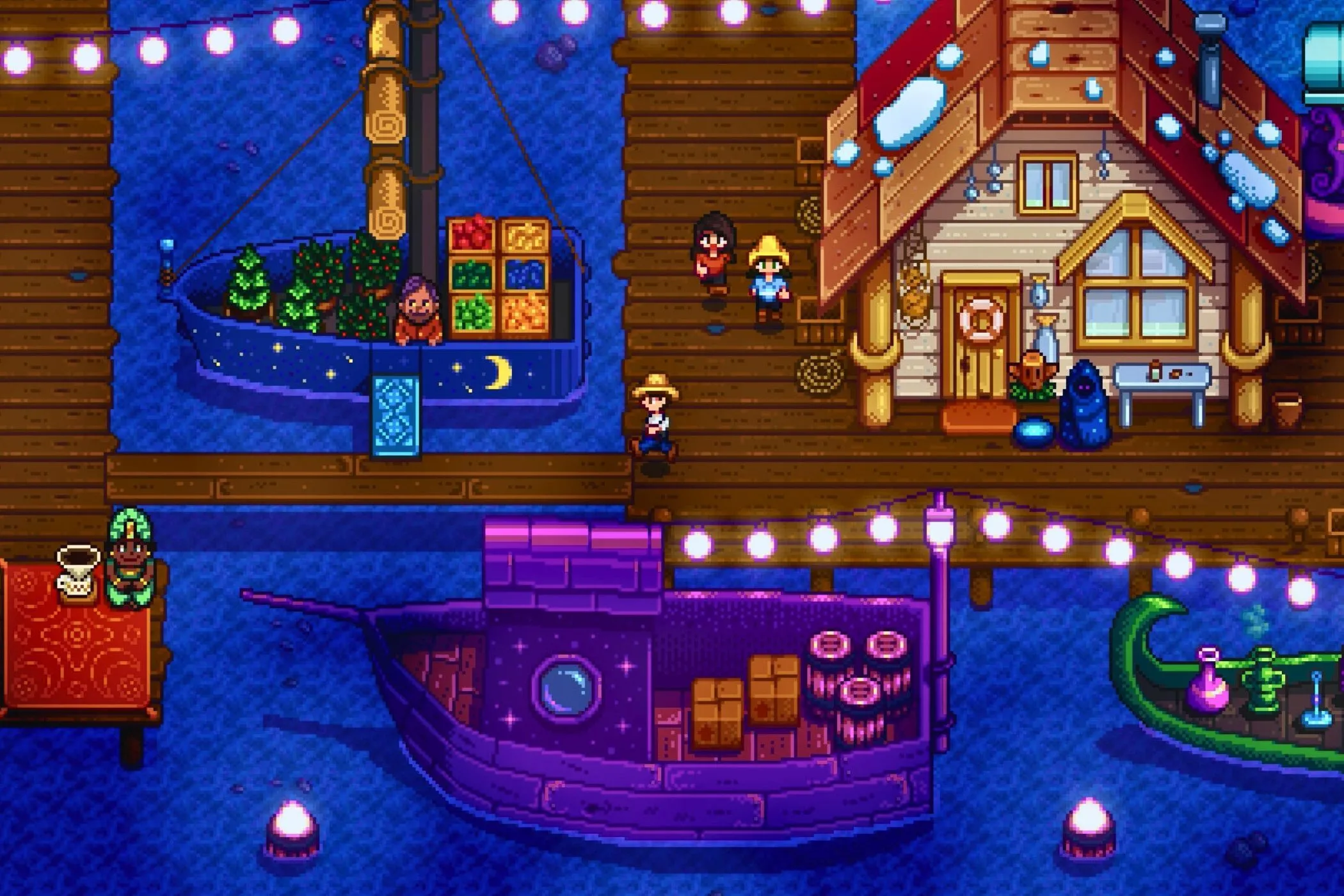 Người chơi Stardew Valley khám phá bến tàu vào ban đêm, tận hưởng không gian yên bình của game nông trại.