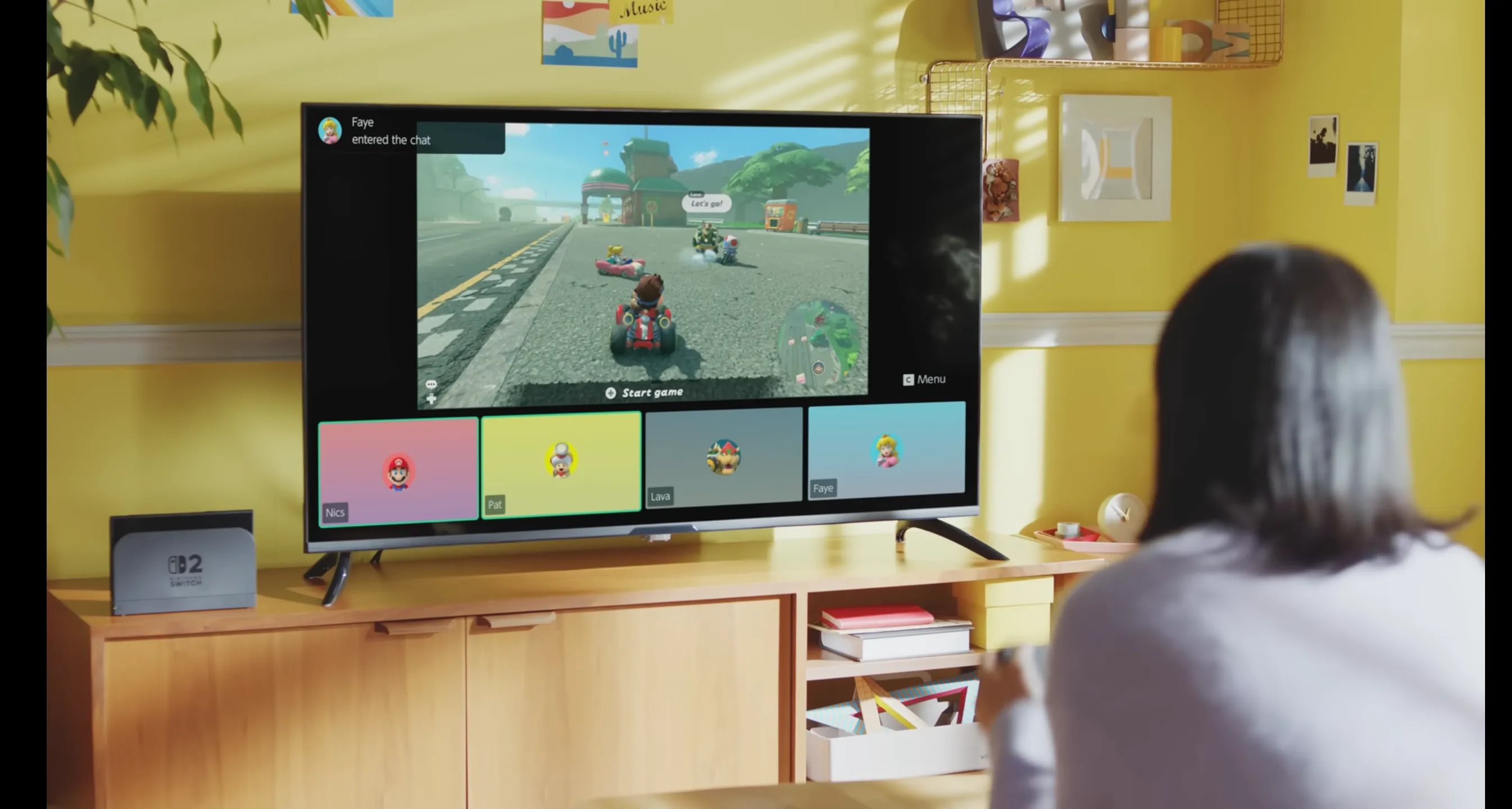Người dùng trải nghiệm game Nintendo Switch 2 trên TV với giao diện GameChat