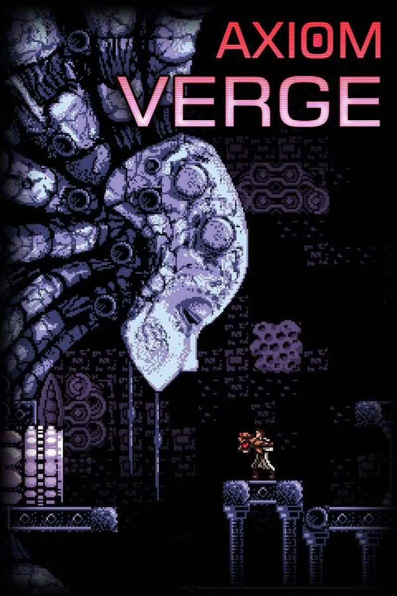 Nhân vật chính đang đối đầu với quái vật ngoài hành tinh trong Axiom Verge, thể hiện đồ họa pixel sci-fi và gameplay hành động.