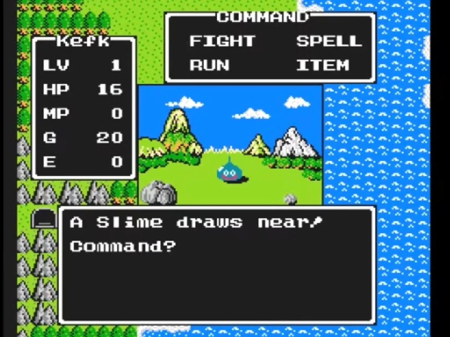 Nhân vật chính đối đầu với quái vật Slime trong game nhập vai Dragon Warrior trên NES