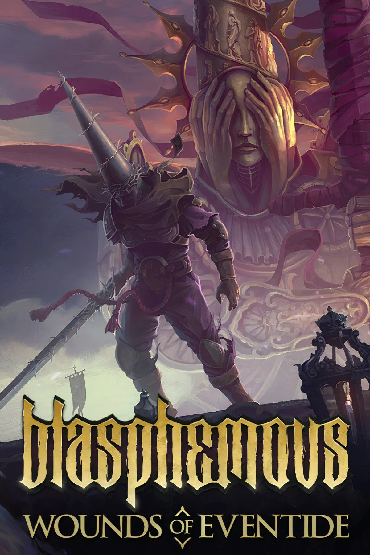 Nhân vật chính The Penitent One trong tựa game Blasphemous, với phong cách đồ họa pixel Gothic u tối và chi tiết.