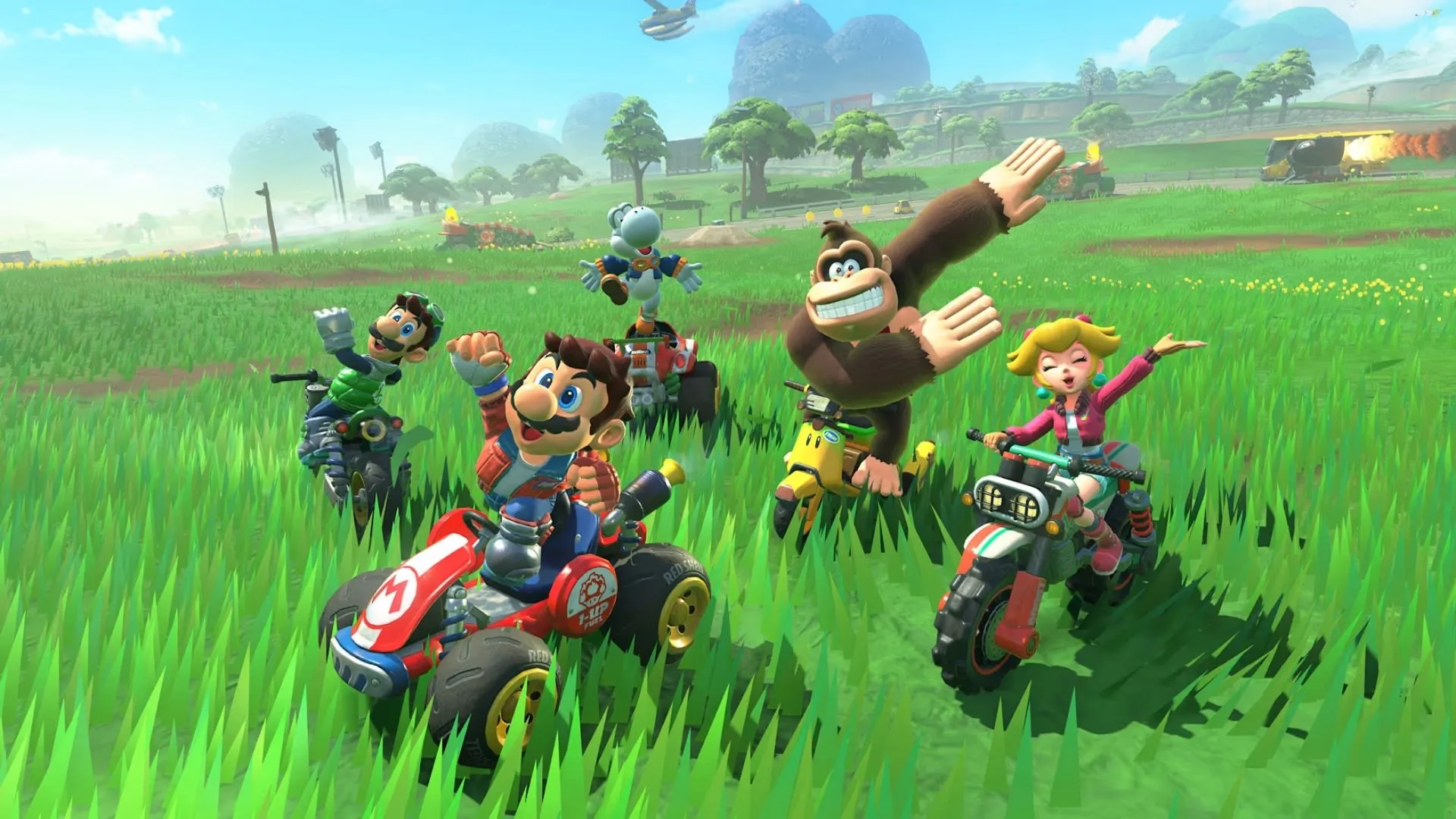 Nhân vật Donkey Kong đang thực hiện một cú nhảy ấn tượng trên đường đua Mario Kart World