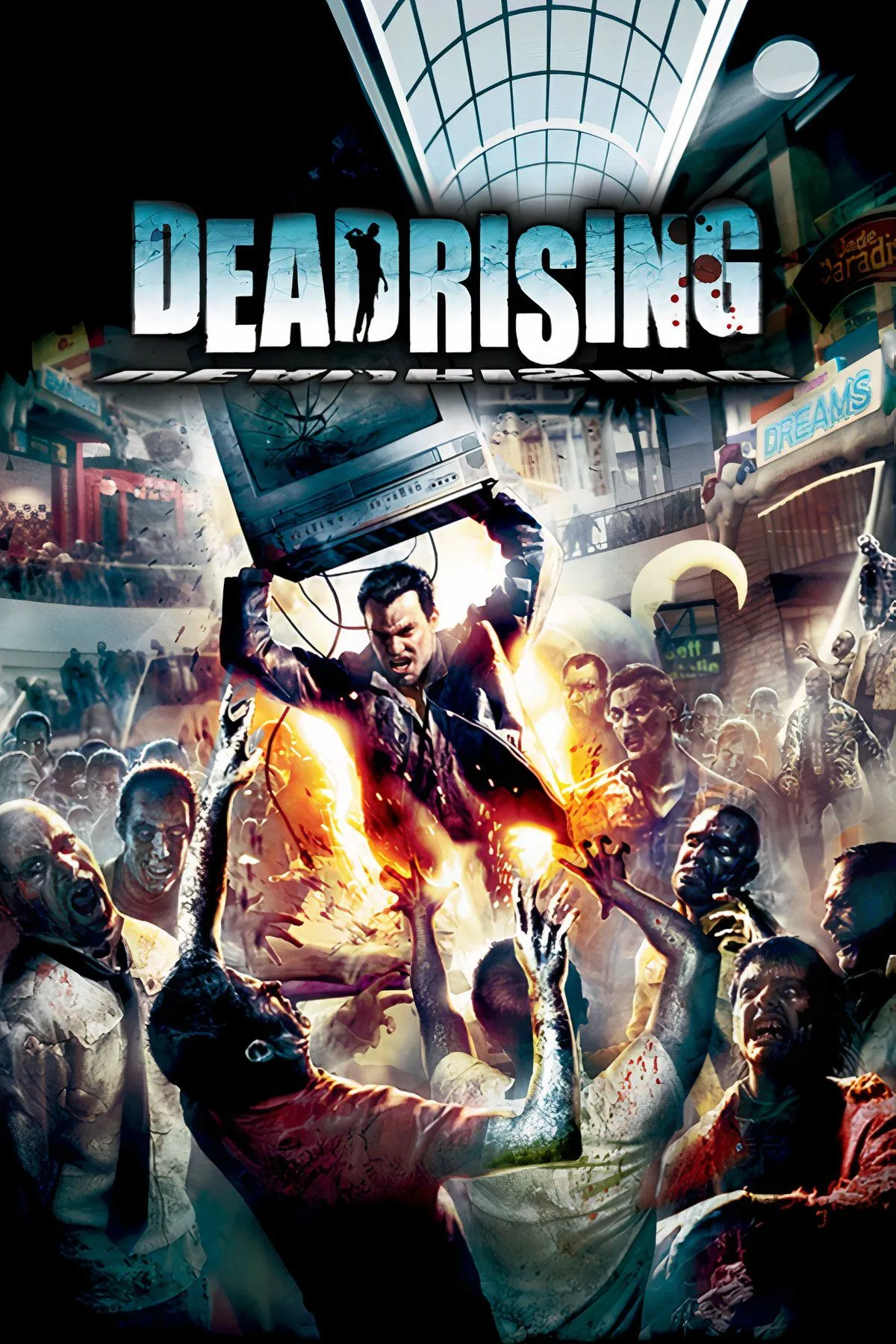 Nhân vật Frank West chiến đấu chống lại đám zombie khổng lồ trong trung tâm thương mại của Dead Rising.
