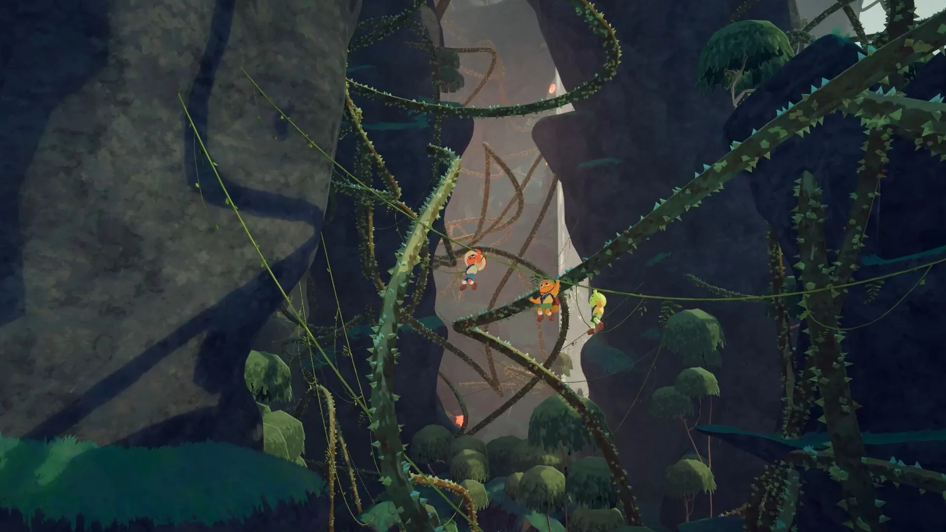 Nhân vật game Peak khéo léo leo qua những dây leo trong khu rừng, một thử thách trên đường chinh phục đỉnh núi.