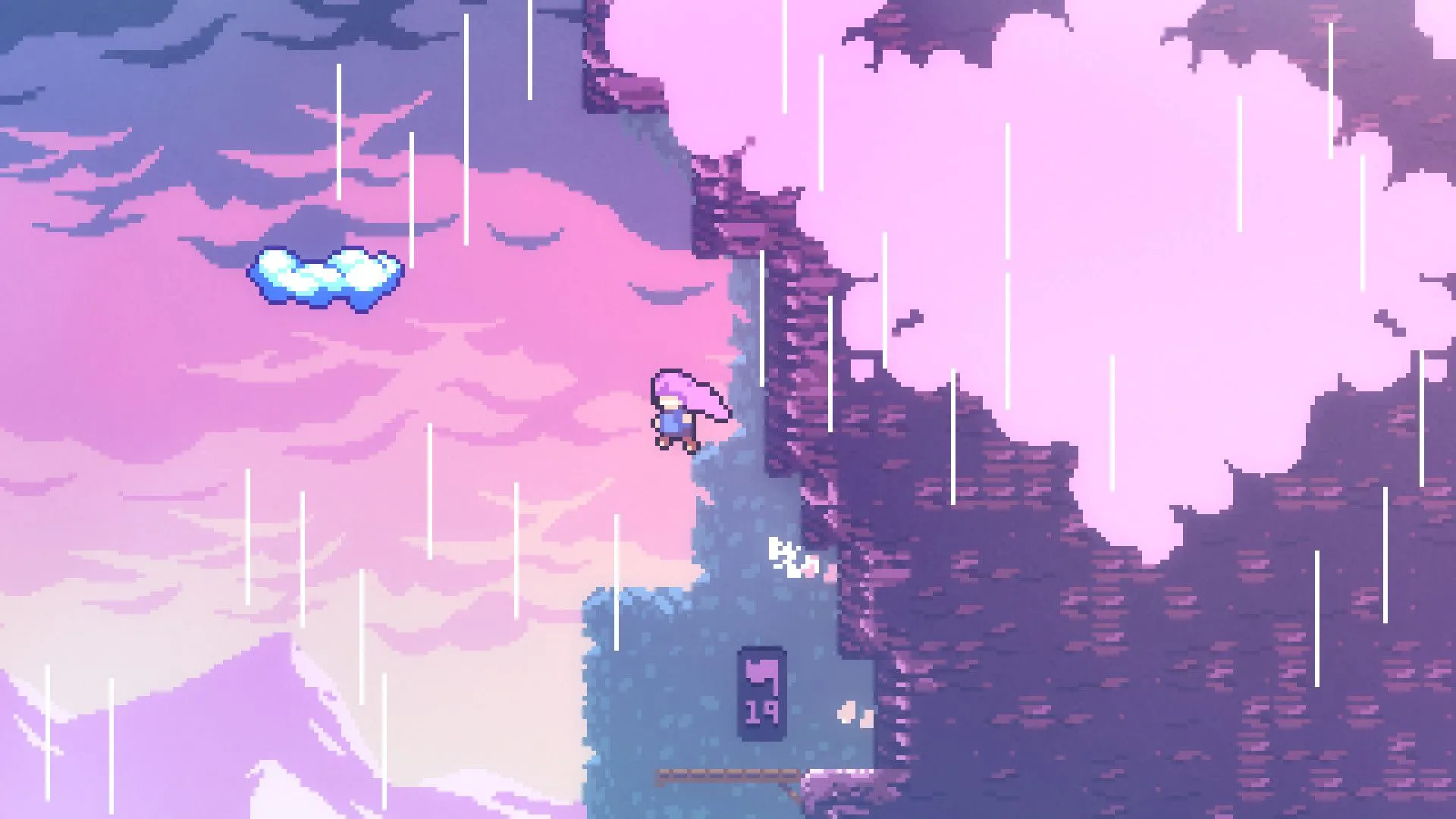 Nhân vật Madeline nhảy trên nền tuyết trong game platformer Celeste