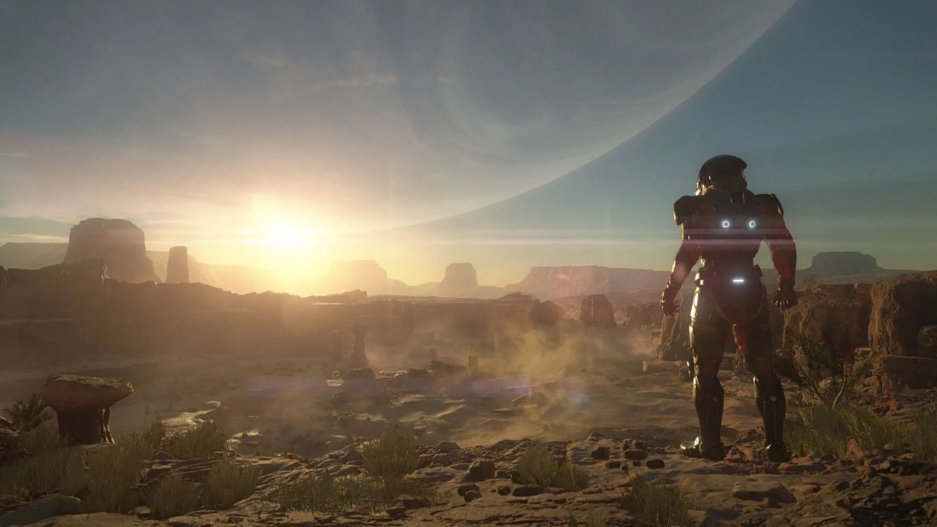 Nhân vật nhìn vào hoàng hôn trên hành tinh lạ trong Mass Effect Andromeda