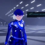Nhân vật trong game indie 1000xResist với trang phục xanh, bối cảnh hành lang xám