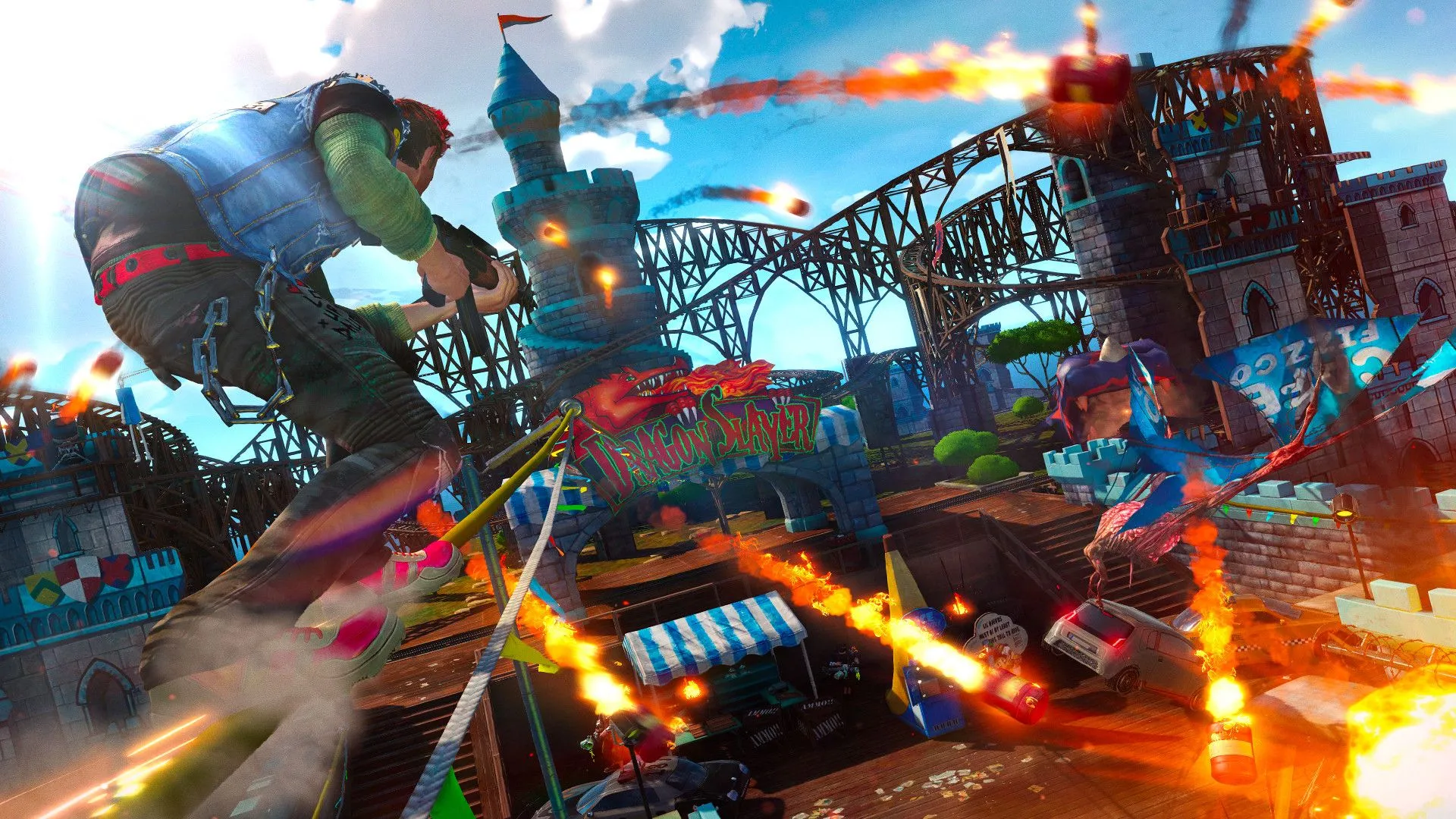 Nhân vật trượt ván trên đường ray trong tựa game hành động thế giới mở Sunset Overdrive