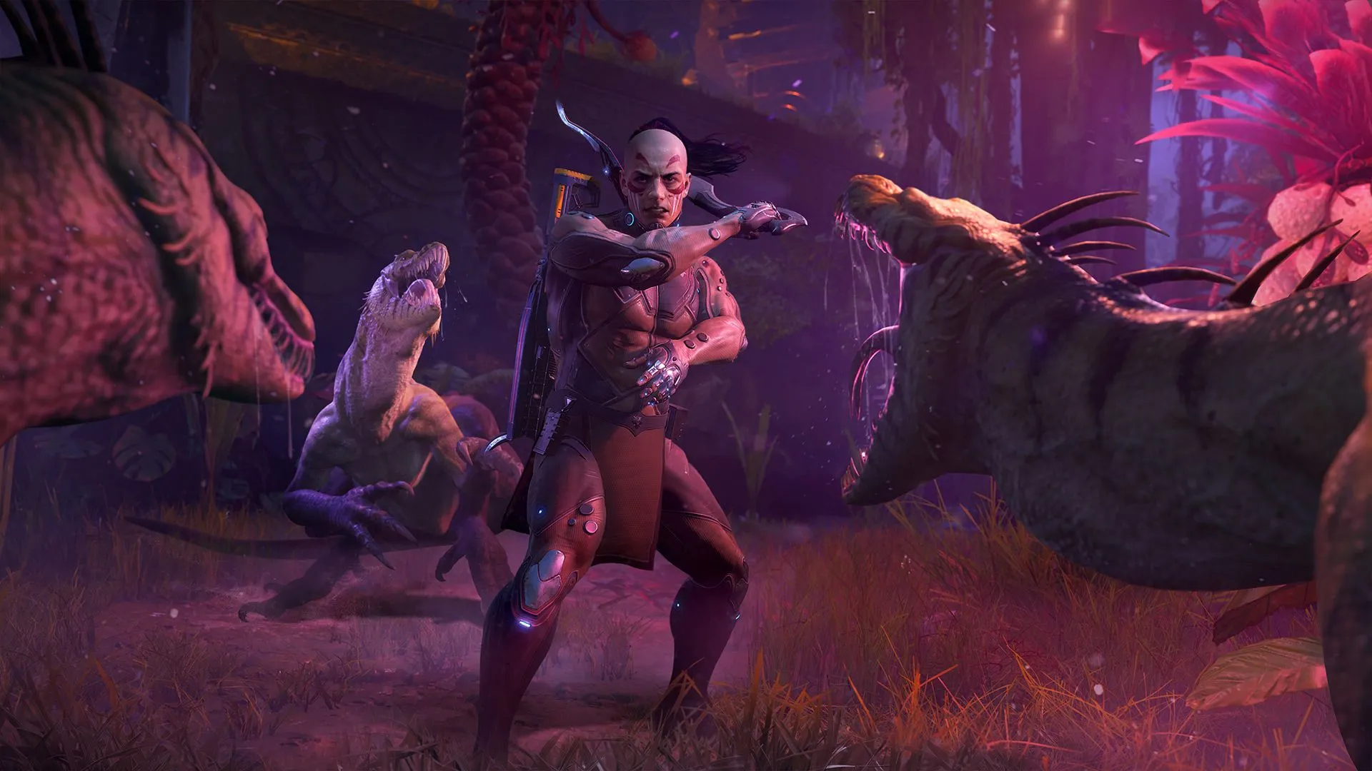 Nhân vật Turok sẵn sàng đối mặt với ba con khủng long, hé lộ hình ảnh từ Turok: Origins.