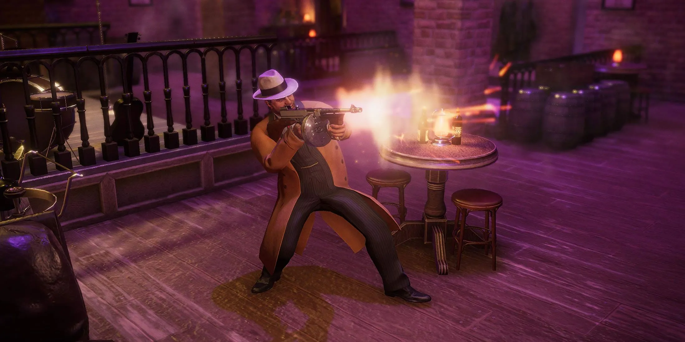 Nhân vật xã hội đen trong game Empire of Sin đang sử dụng súng tiểu liên, minh họa lối chơi.