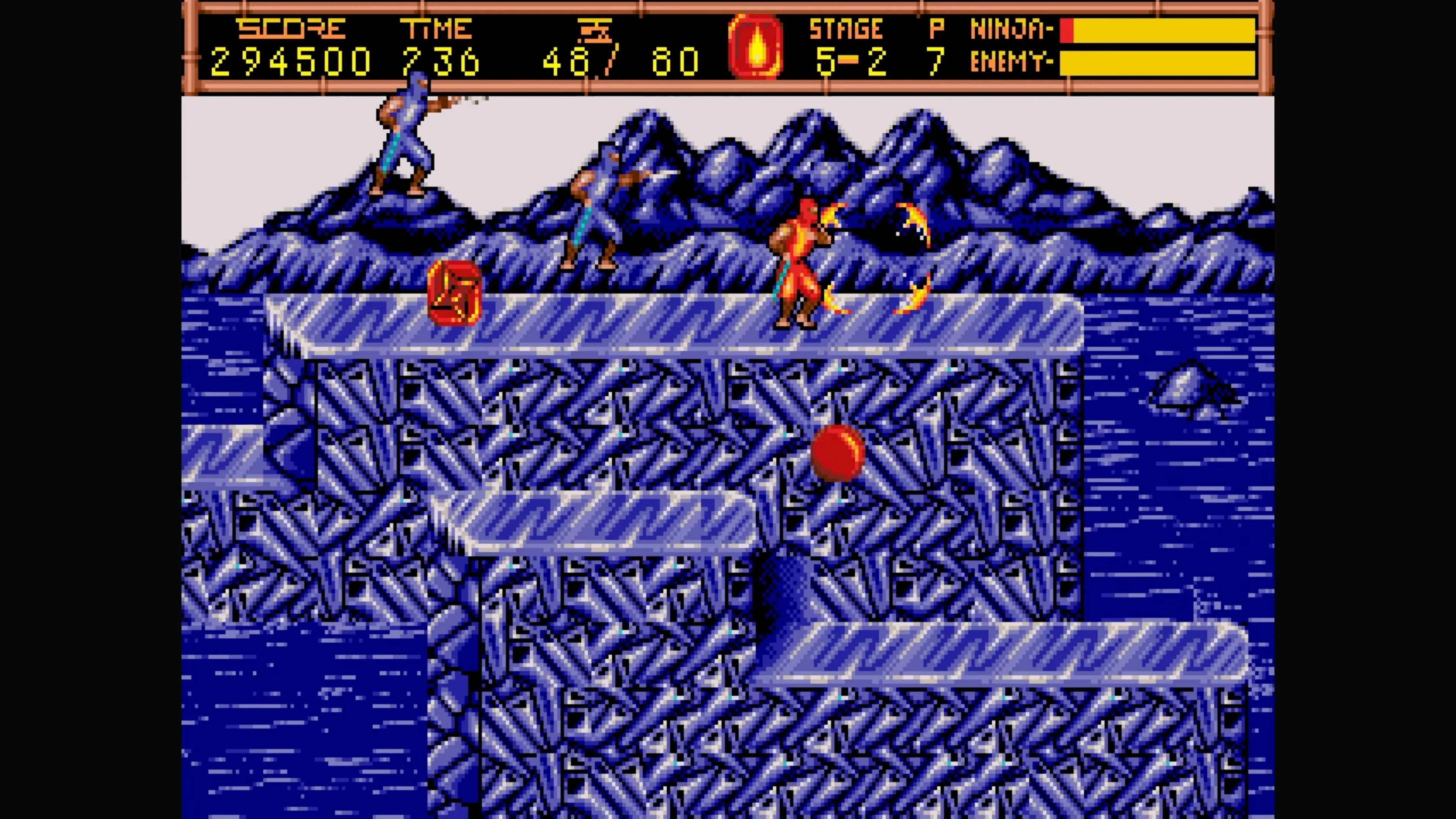 Ninja Gaiden II: The Dark Sword of Chaos - Cảnh gameplay Ryu Hayabusa trên cầu băng trong màn chơi băng giá