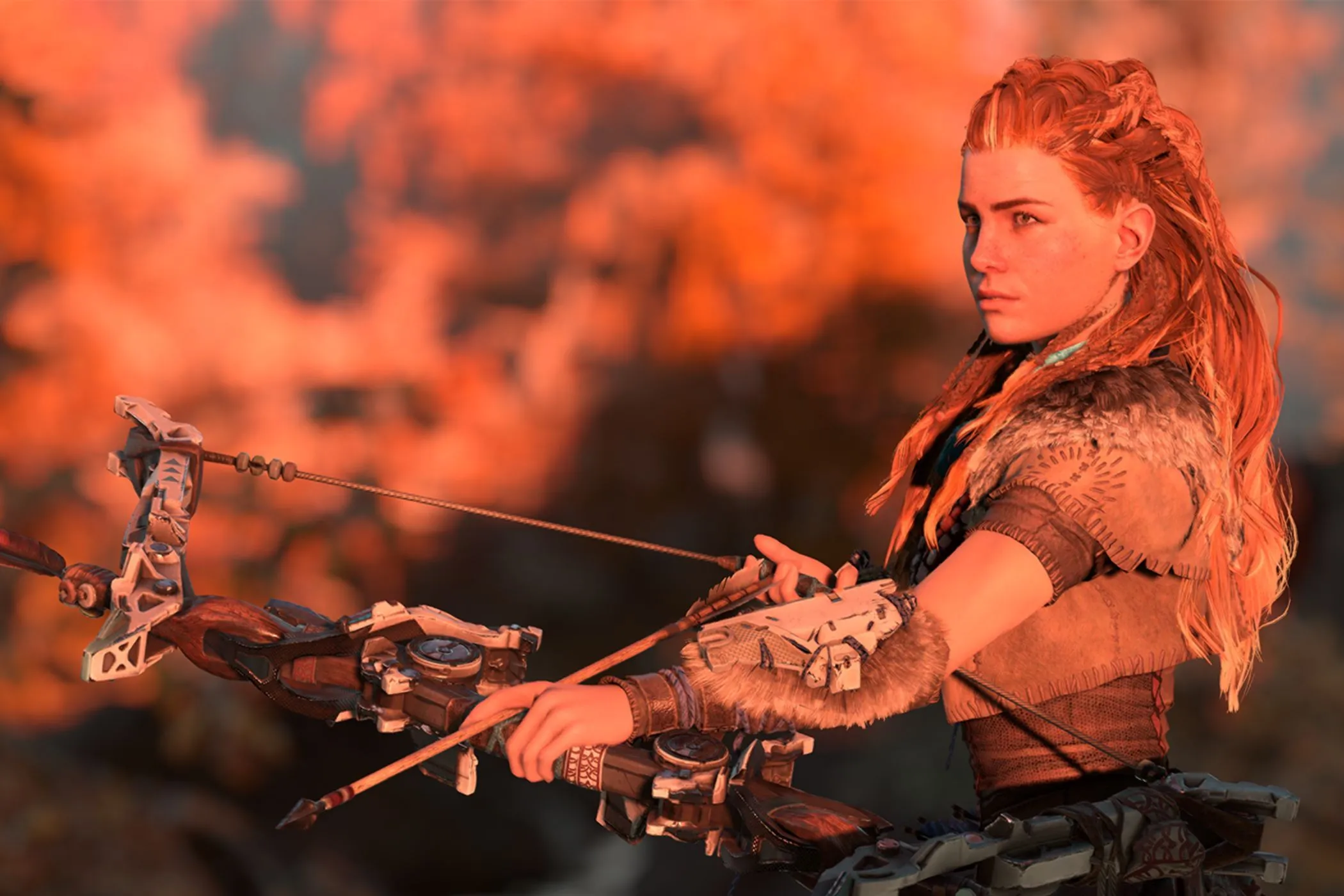 Nữ chiến binh Aloy cầm cung trong game Horizon Zero Dawn, biểu tượng của game chơi đơn thành công trên PlayStation