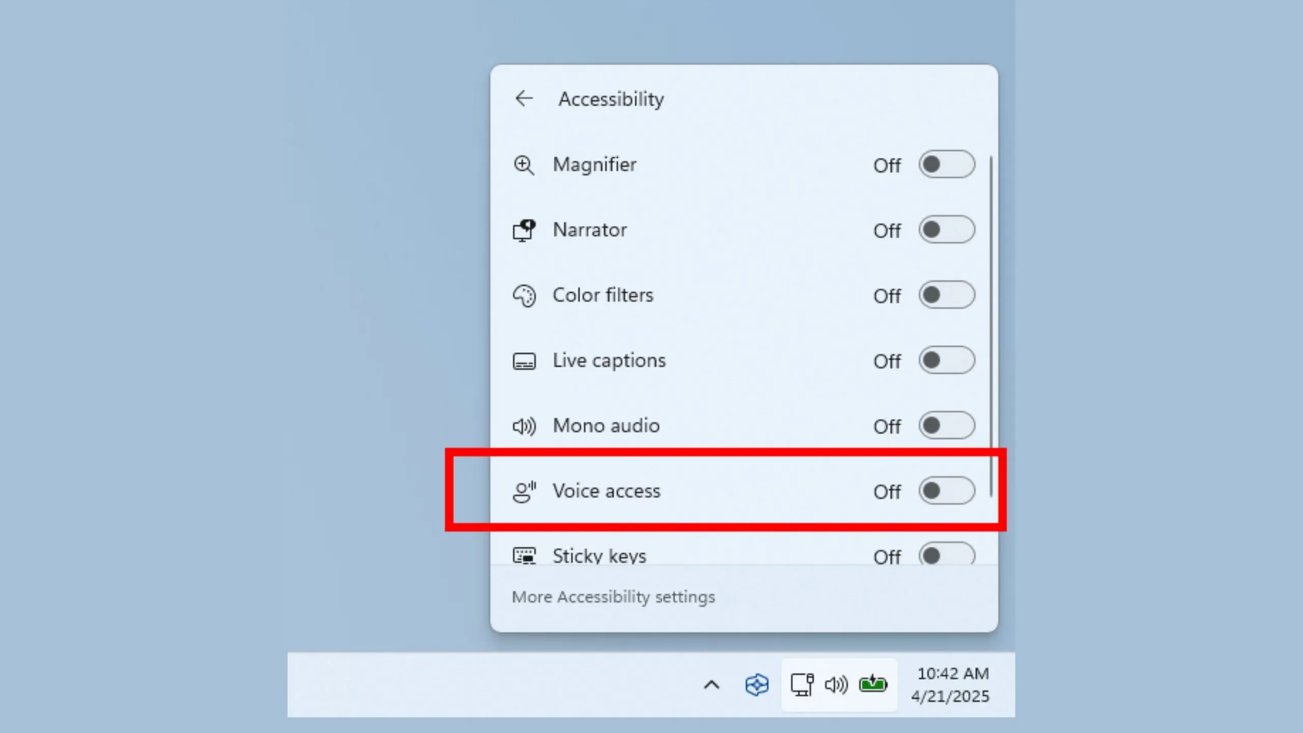 Nút bật/tắt Voice Access mới trong bảng Quick Actions trên Windows 11