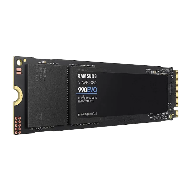 Ổ cứng SSD Samsung 990 Evo M.2 NVMe thể hiện rõ các linh kiện trên nền trong suốt.