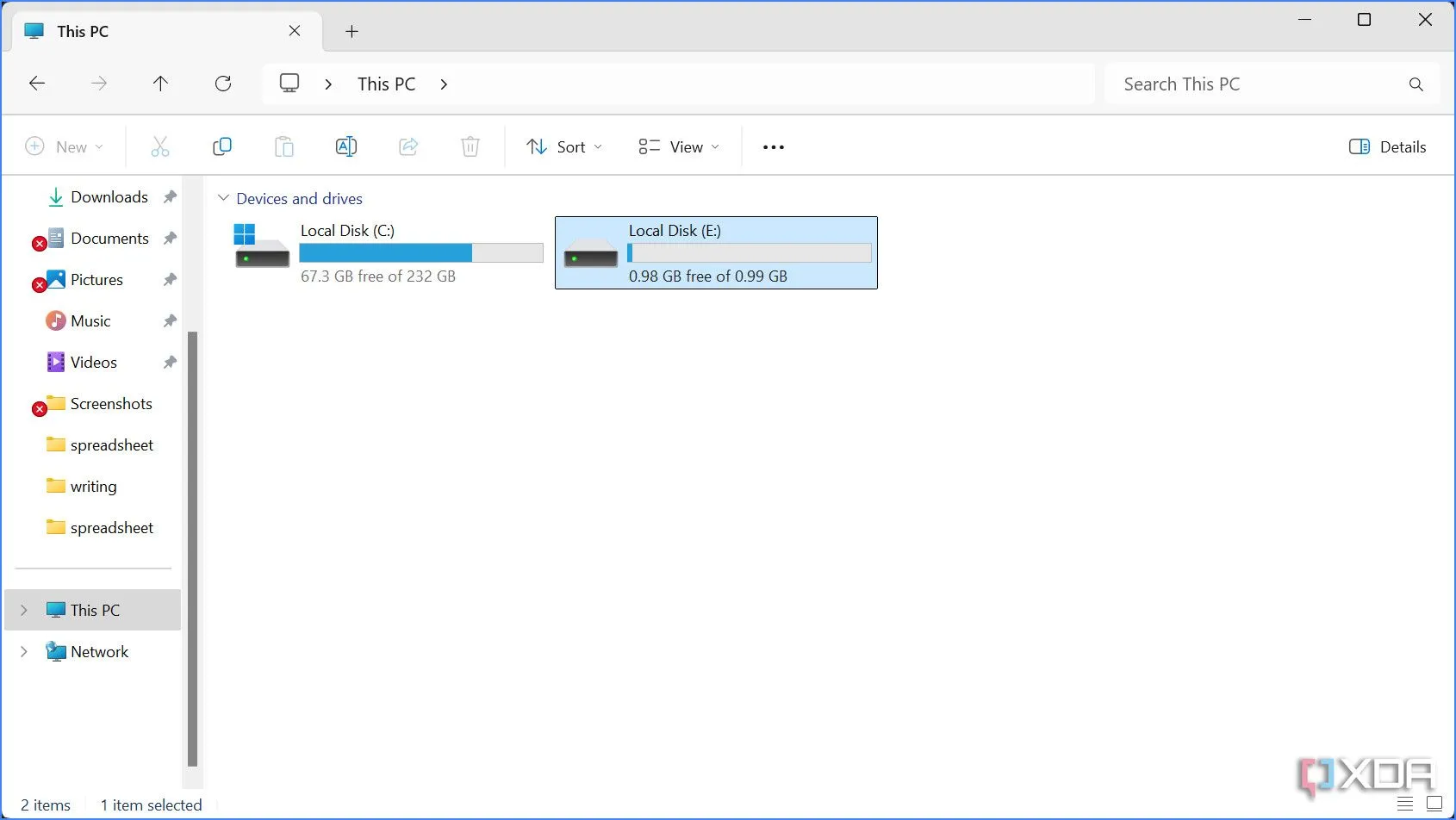 Ổ đĩa RAM ảo mới được tạo hiển thị trong File Explorer của Windows