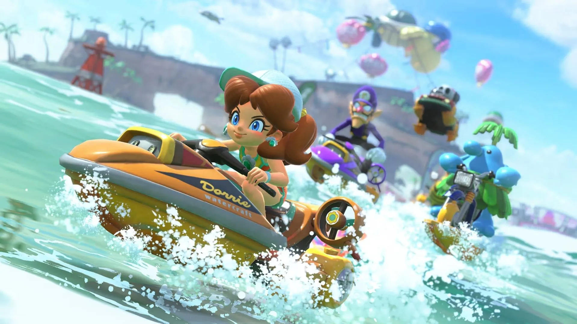 Pha hành động trên không của Bowser trong Mario Kart World, vượt chướng ngại vật