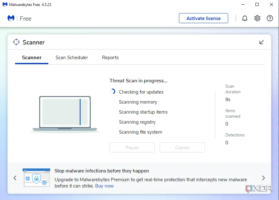Phần mềm diệt virus Malwarebytes đang quét hệ thống máy tính để tìm và loại bỏ mã độc