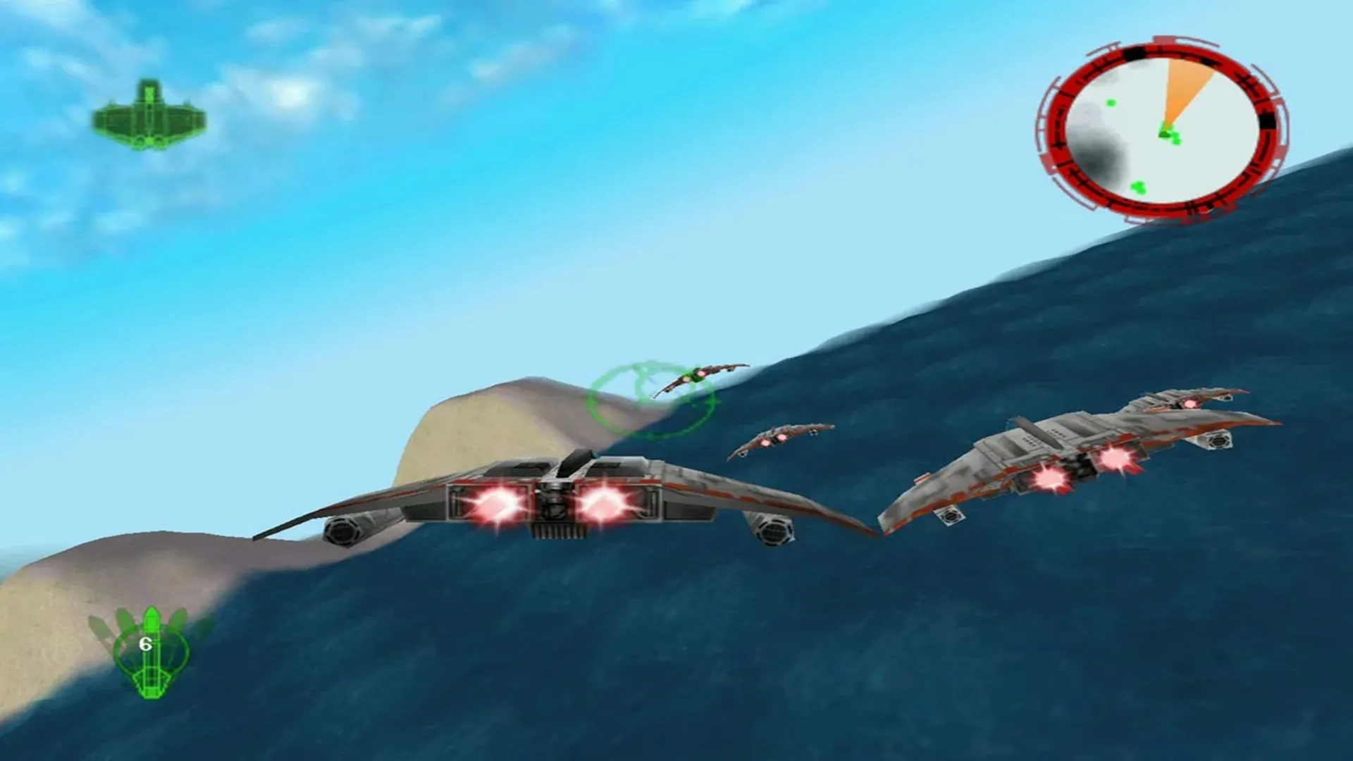Phi thuyền V-Wing và các đồng minh bay trên hành tinh khác trong Star Wars Rogue Squadron N64