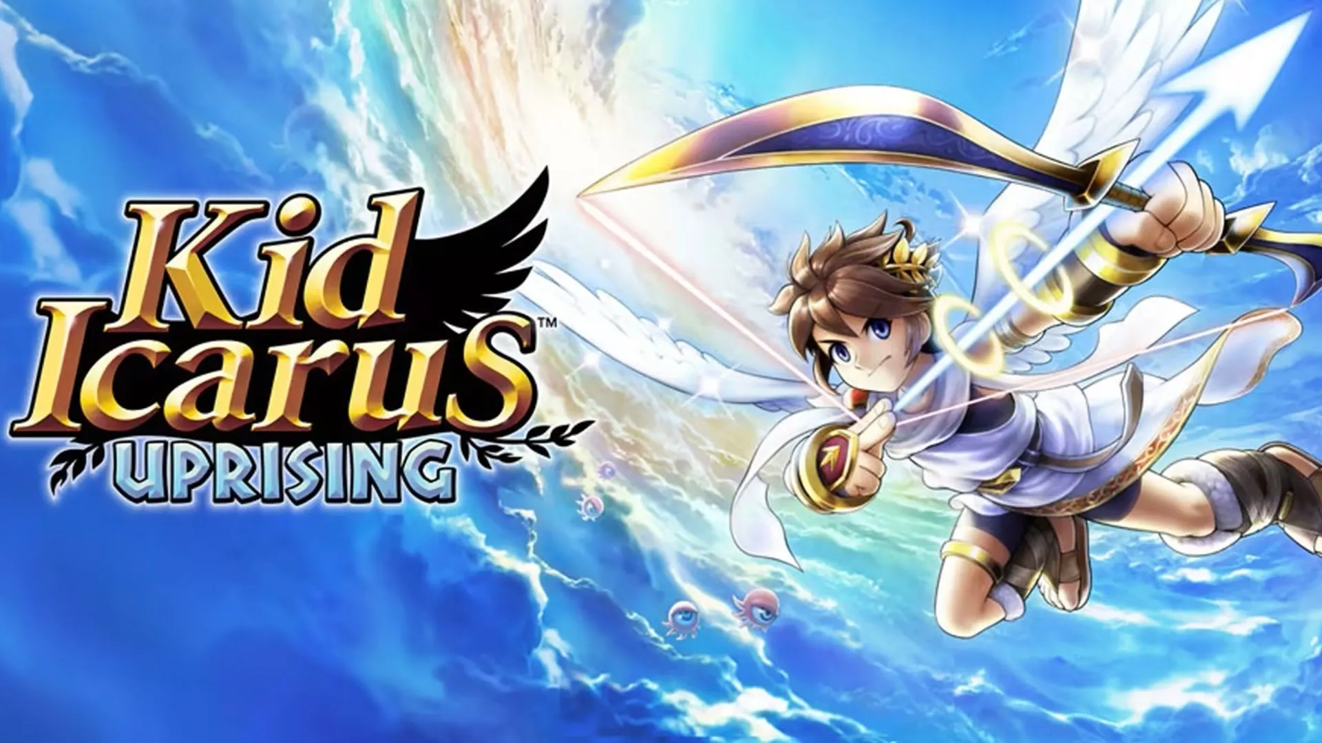PIt, nhân vật chính của Kid Icarus Uprising, trên nền bầu trời xanh, minh họa cho game hành động kinh điển Nintendo 3DS.