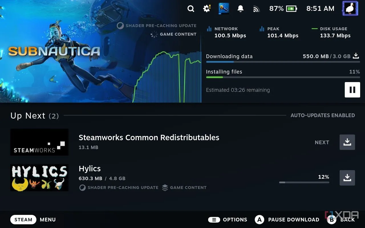 Quá trình tải xuống và lưu vào bộ nhớ đệm các shader Vulkan cùng với Subnautica trong SteamOS.
