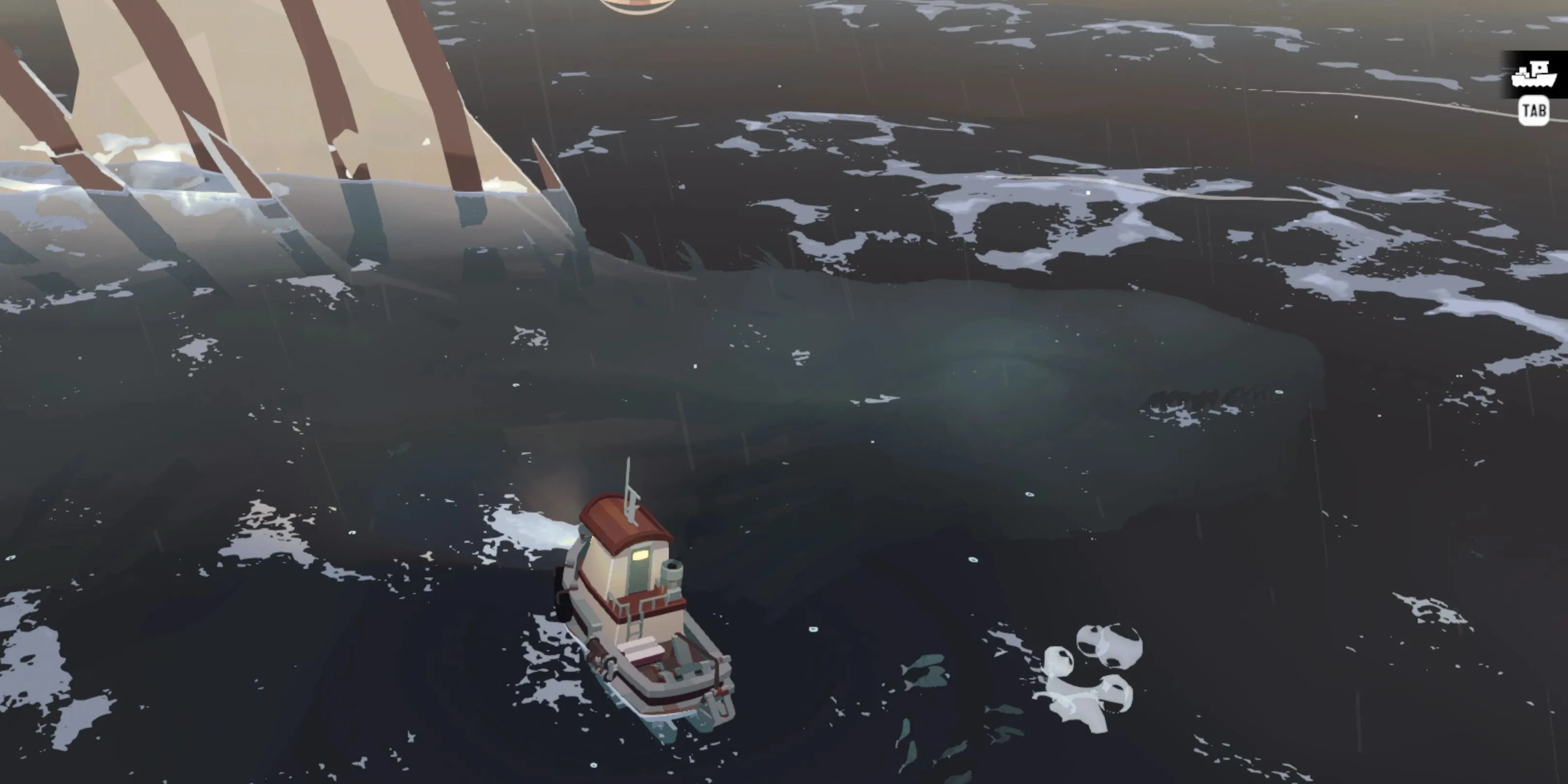 Quái vật Leviathan khổng lồ xuất hiện trong môi trường tối tăm của game Dredge, thể hiện yếu tố kinh dị Lovecraftian.