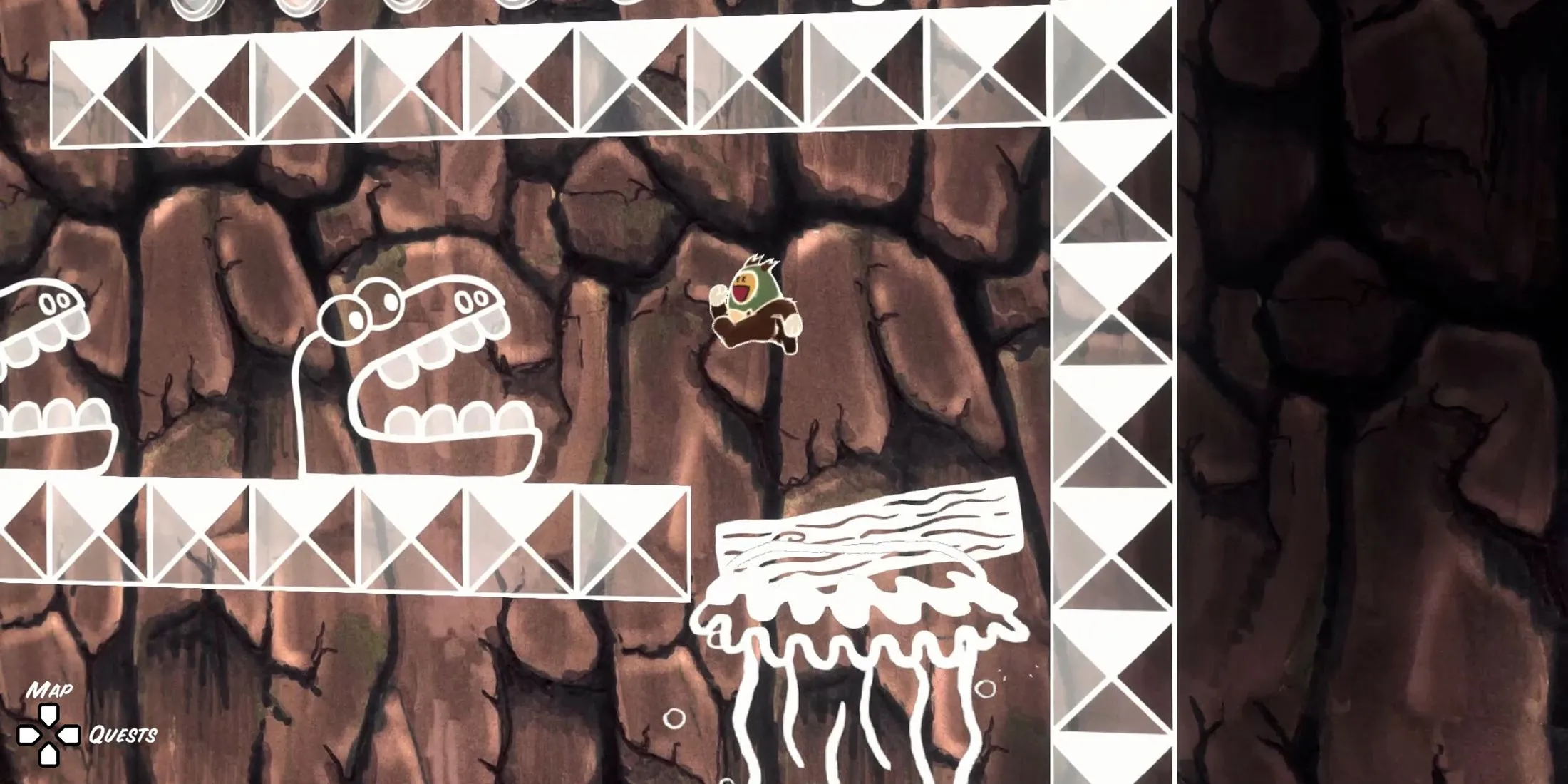 Ruffy di chuyển qua các chướng ngại vật trong màn chơi platforming
