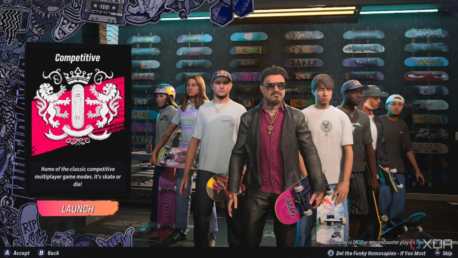 Sảnh chờ chế độ nhiều người chơi trực tuyến của Tony Hawk's Pro Skater 3+4, nơi game thủ kết nối để thi đấu