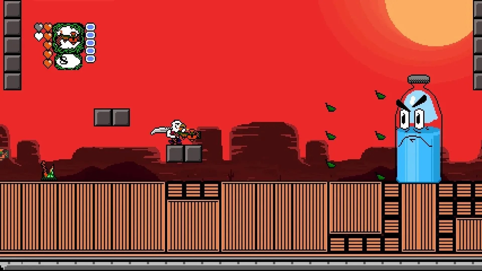 Screenshot gameplay của Revenge of the Bird King với nhân vật chính bắn súng trong môi trường 16-bit