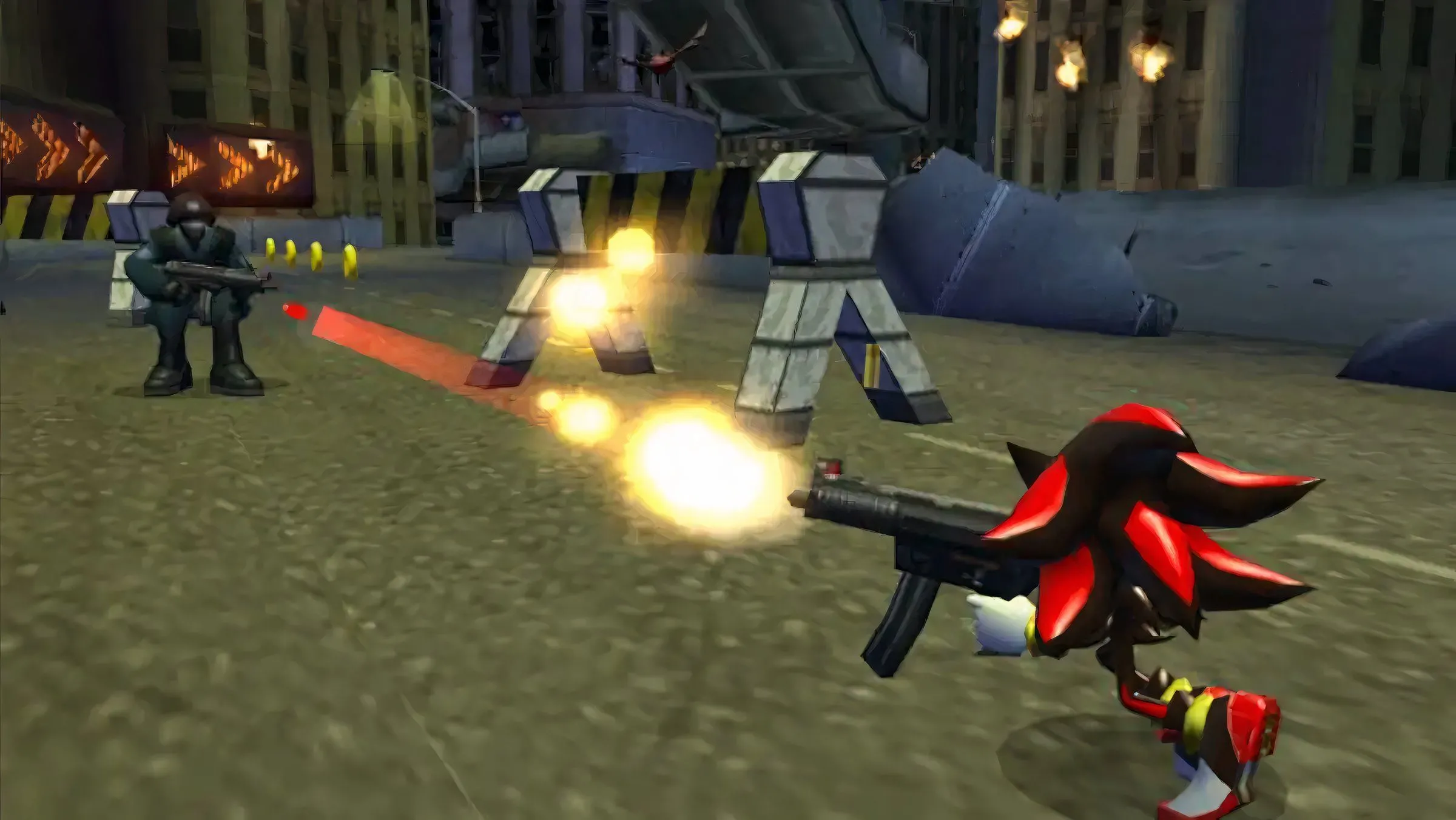 Shadow the Hedgehog cầm súng chiến đấu, minh họa lối chơi hành động của tựa game.