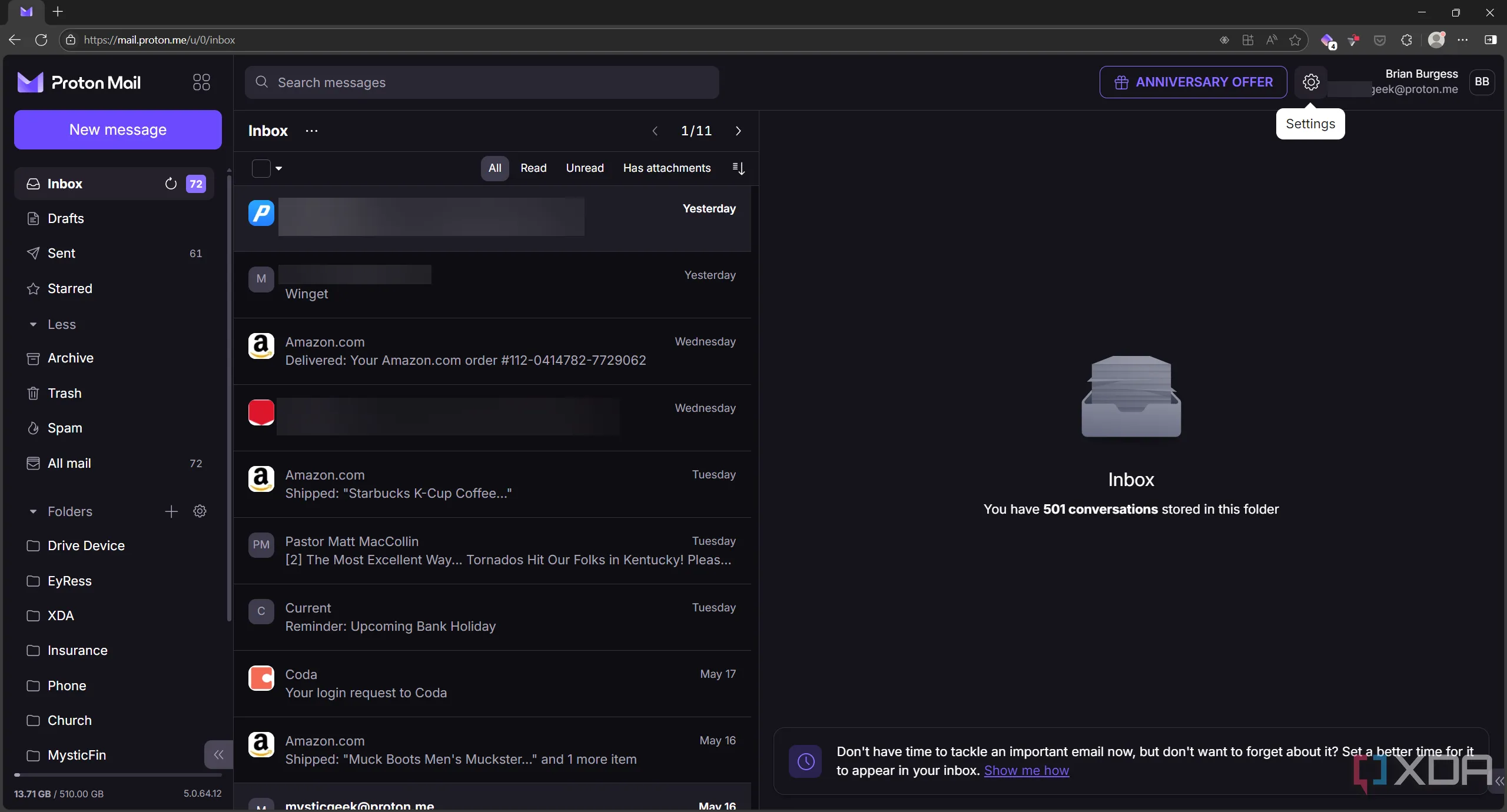 Shows Proton Mail settings