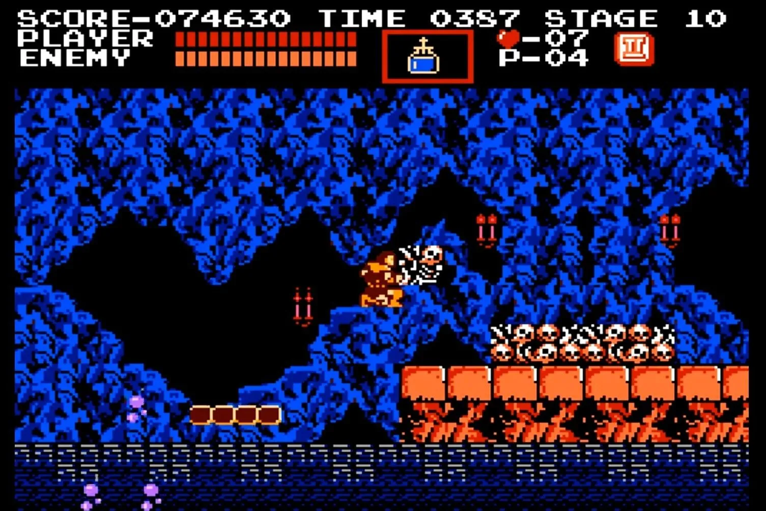 Simon Belmont chiến đấu với quái vật trong màn chơi Castlevania trên máy NES