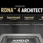 Slide giới thiệu RDNA 4 của AMD với chữ "RDNA 4" và các biểu tượng công nghệ