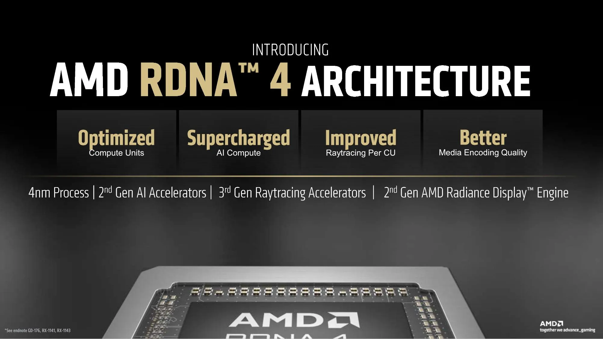 Slide giới thiệu RDNA 4 của AMD với chữ "RDNA 4" và các biểu tượng công nghệ