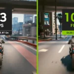 So sánh hình ảnh game Cyberpunk 2077 khi bật và tắt DLSS cho thấy sự khác biệt về chất lượng.