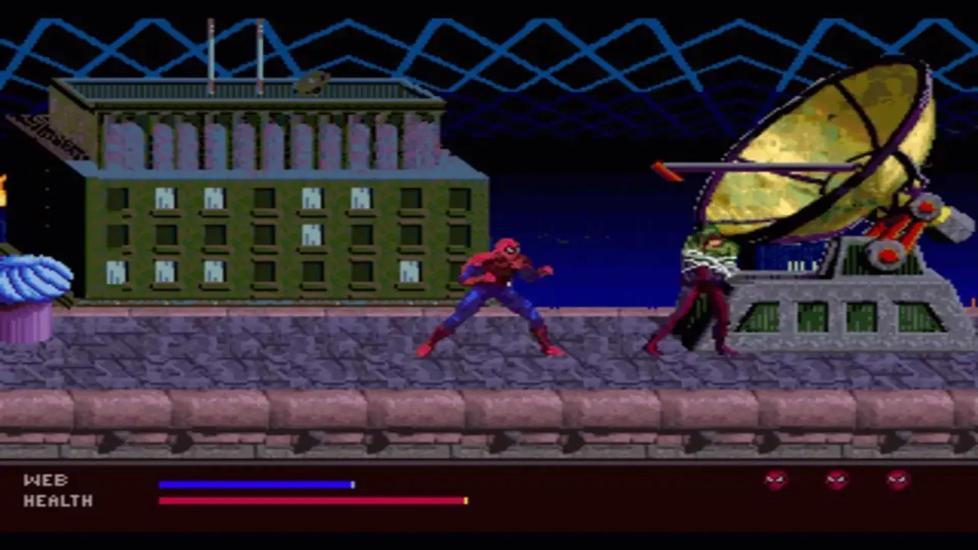 Spider-Man chiến đấu với kẻ thù Hydra trong game Spider-Man Web of Fire trên Sega 32X