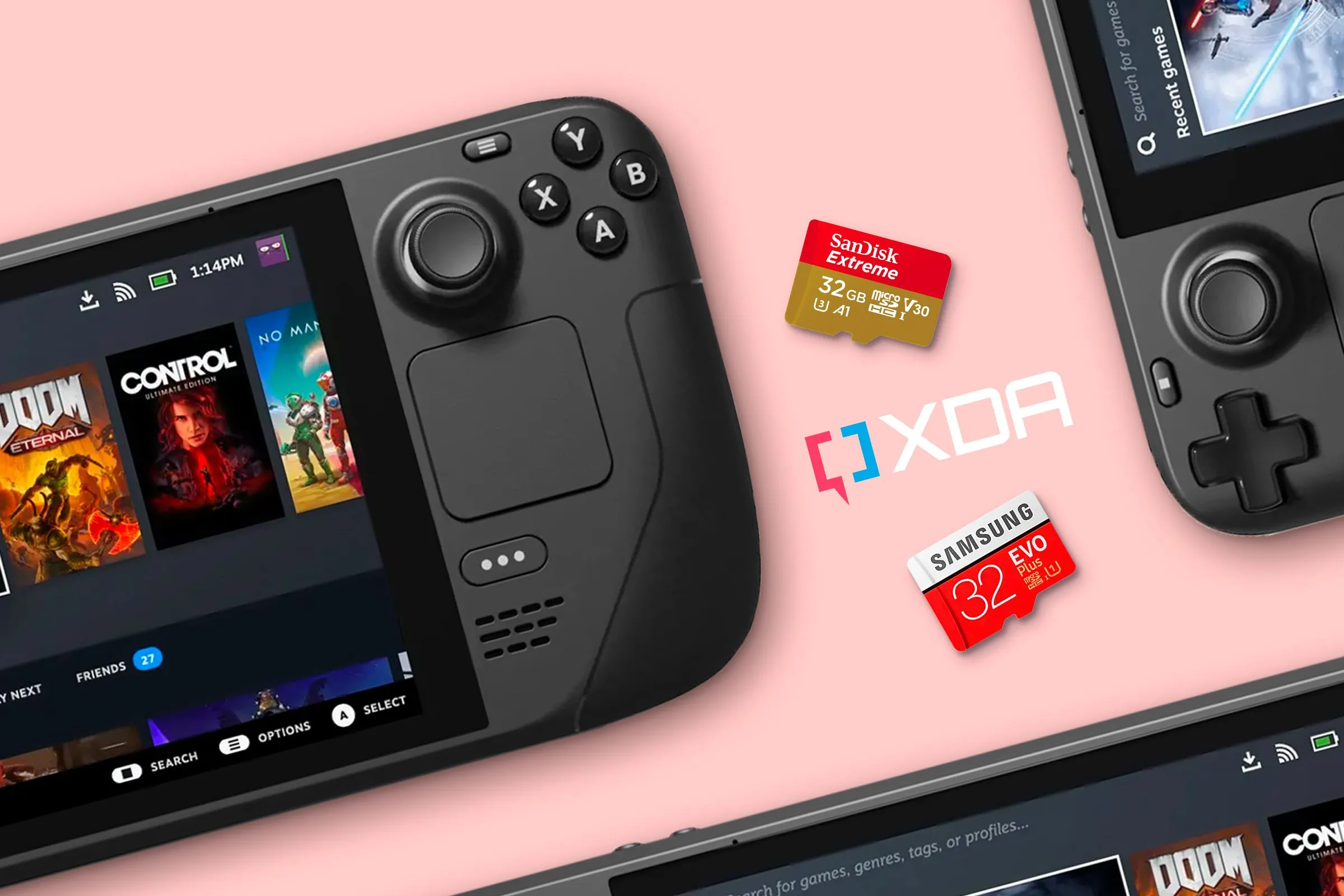 Steam Deck cùng thẻ nhớ microSD, biểu tượng cho việc lưu trữ và mở rộng game trên nền tảng Steam