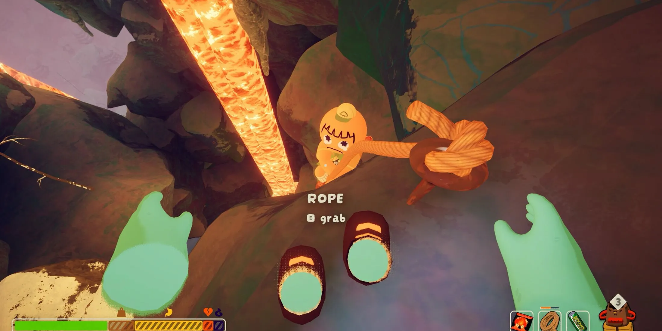Sử dụng dây thừng để vượt qua địa hình hiểm trở trong game leo núi Peak.
