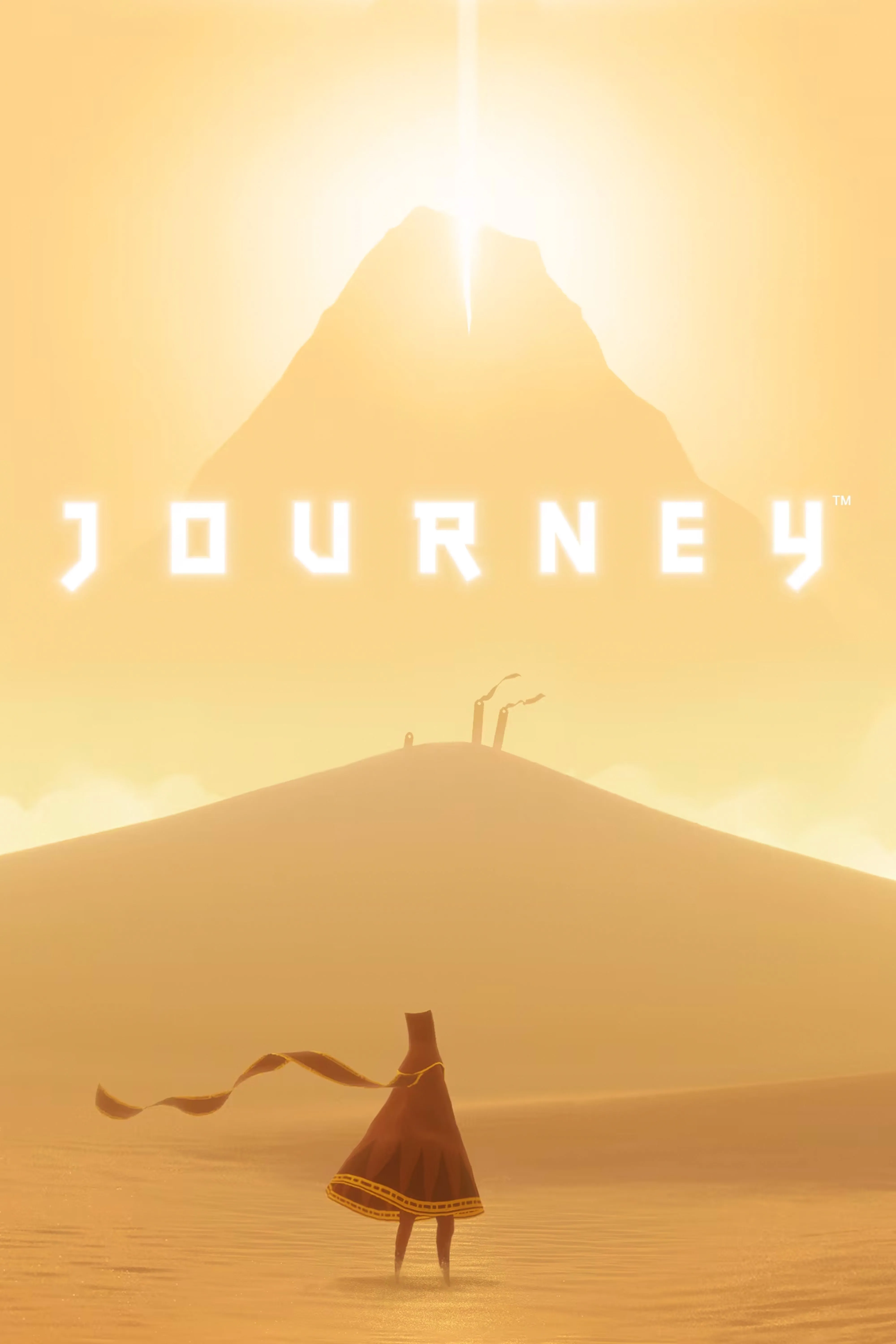 Tấm ảnh bìa game Journey với một nhân vật bí ẩn đang đứng giữa sa mạc rộng lớn, nhìn về phía một ngọn núi lớn